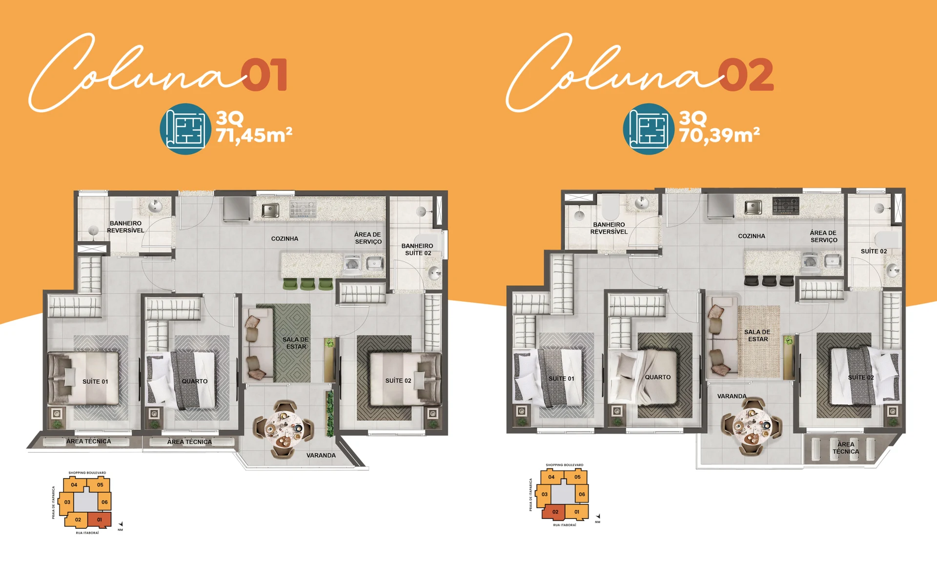 Planta Tipo Coluna 01 e 02 - 3 Quartos c/ Suíte (68 m²)