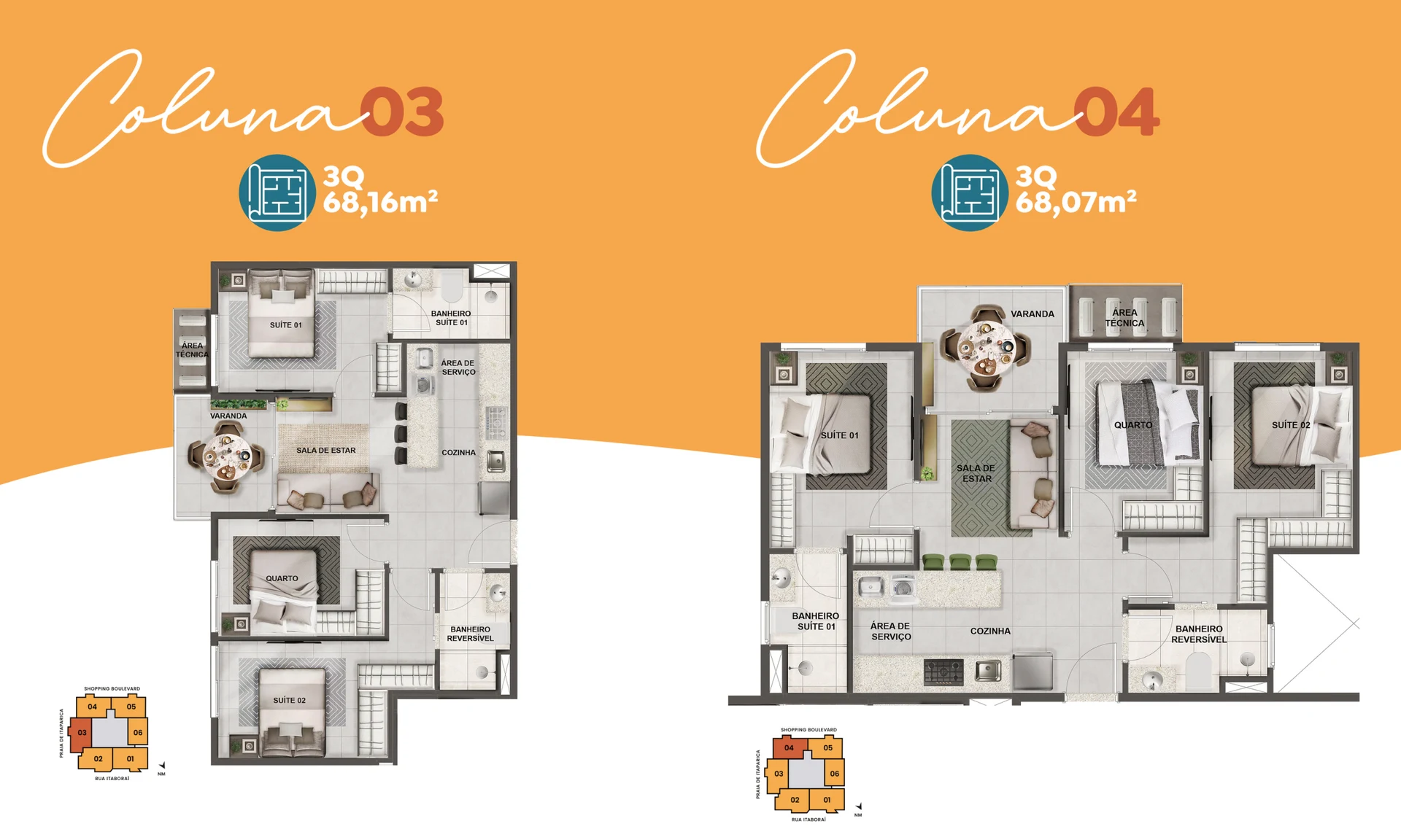 Planta Tipo Coluna 03 e 04 - 3 Quartos c/ Suíte (68,07 m² a 68,16 m²)