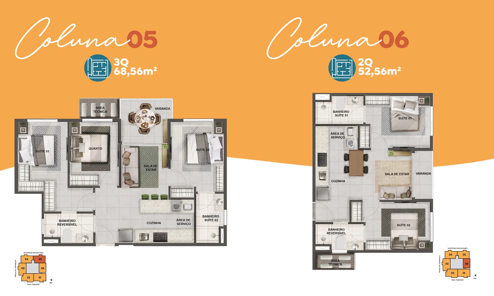 Planta Tipo Coluna 05 e 06 - 2 Quartos c/ Suíte (55,10 m²)