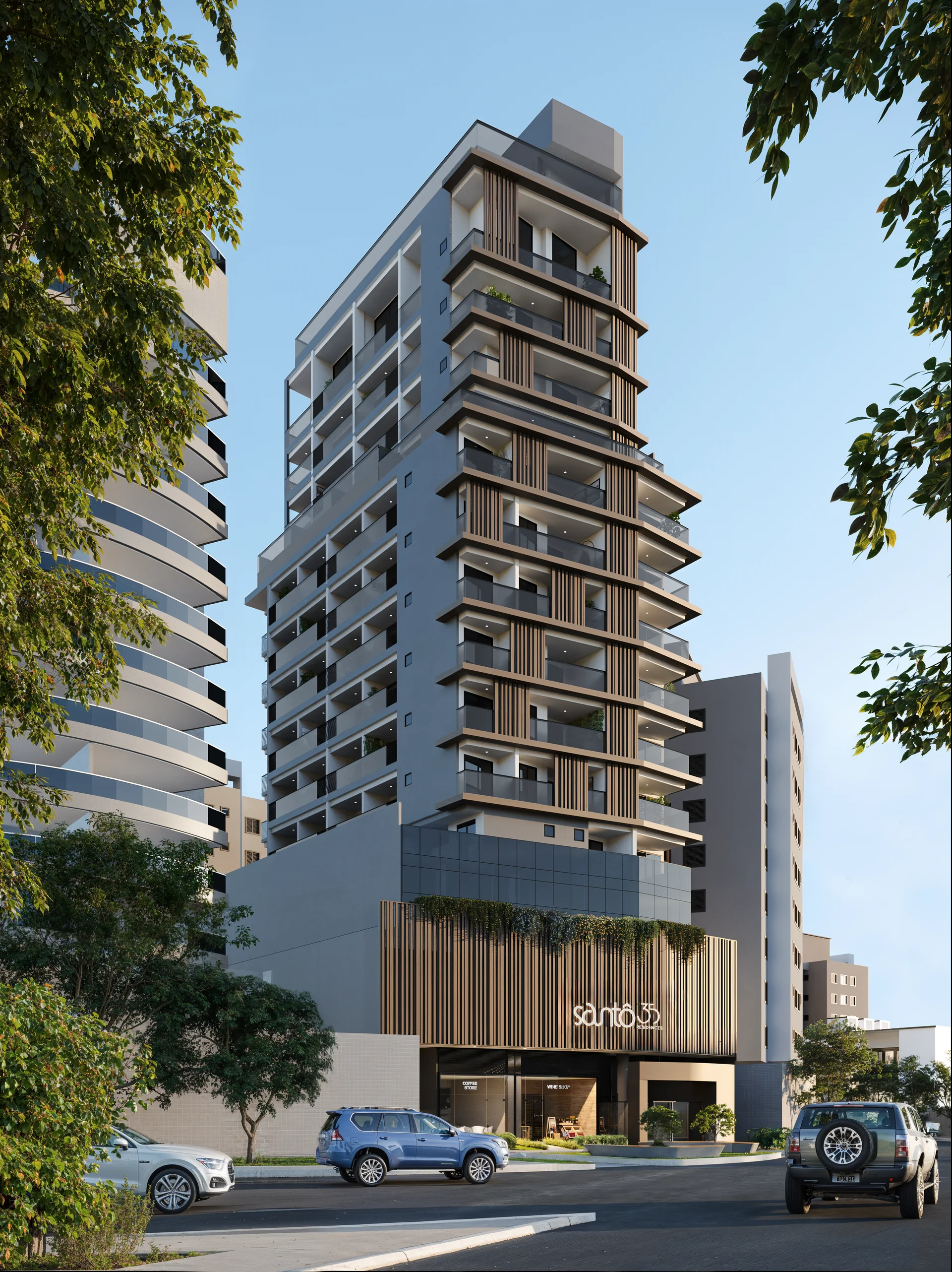 Fachada imponente do Santô 35 Residences na Praça Santo Antão, Praia da Costa, Vila Velha