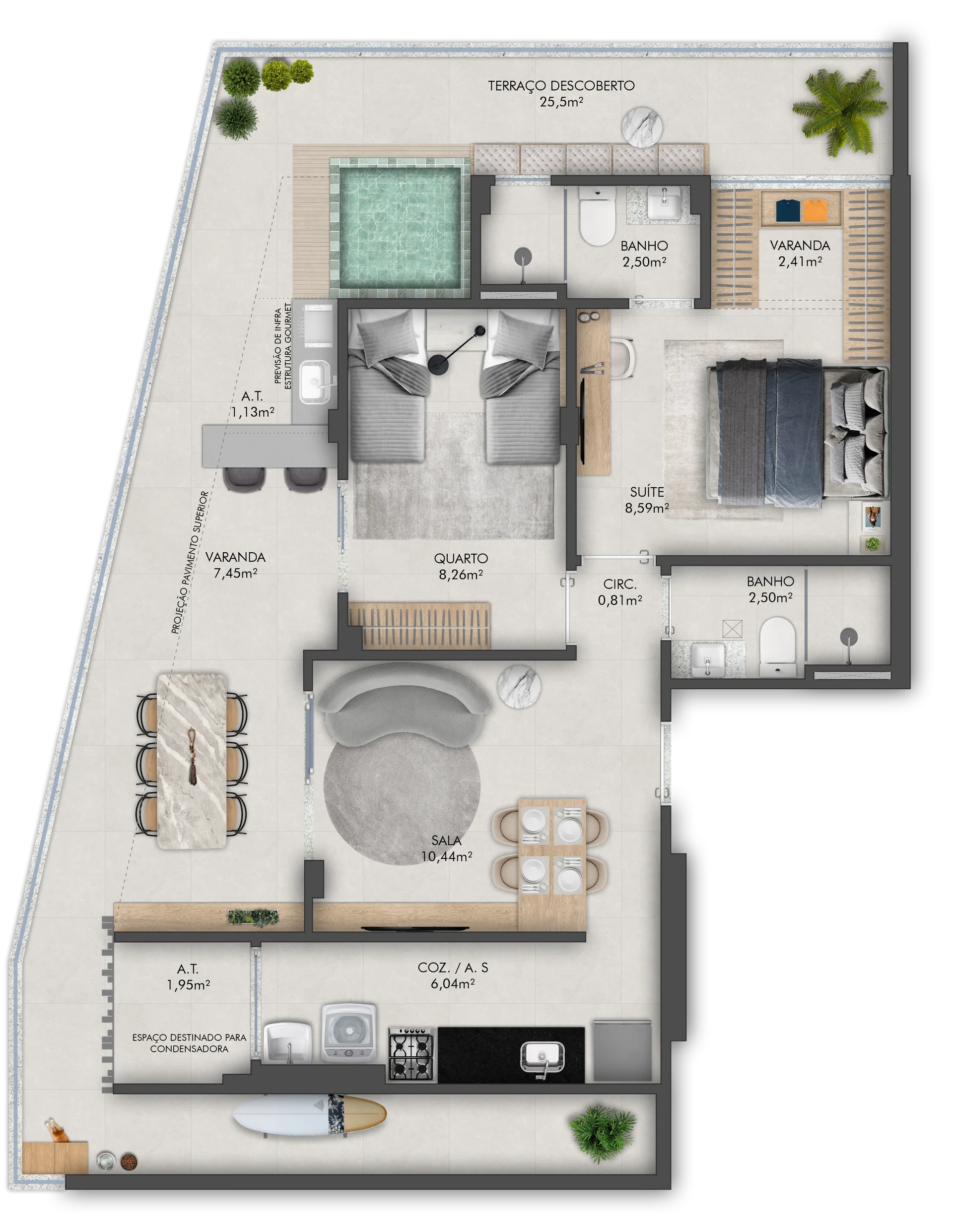 Apartamento 2 Quartos c/ Terraço - Coluna 01 (88,07 m²)