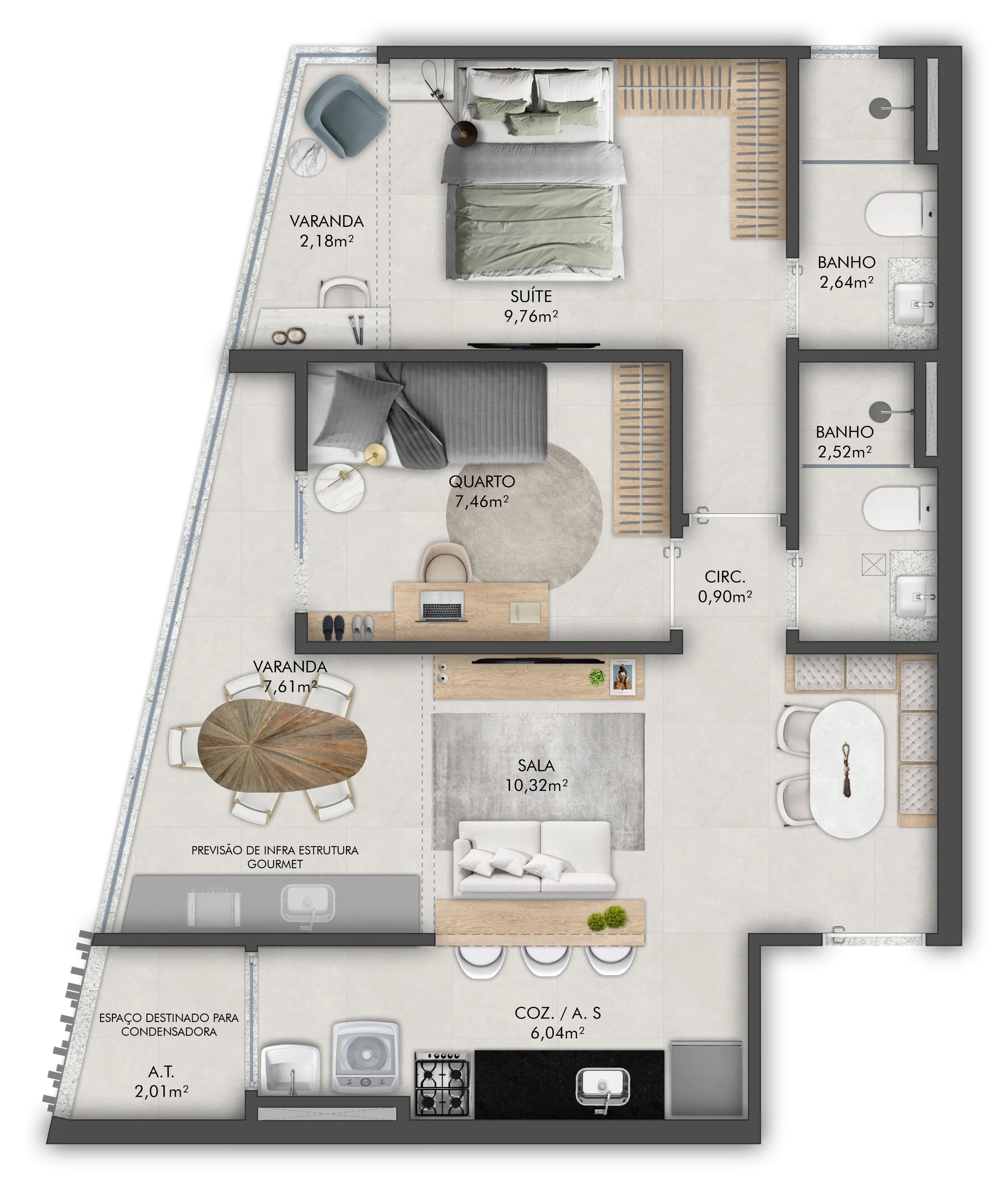 Apartamento 2 Quartos Tipo - Coluna 02 (57,84 m²)