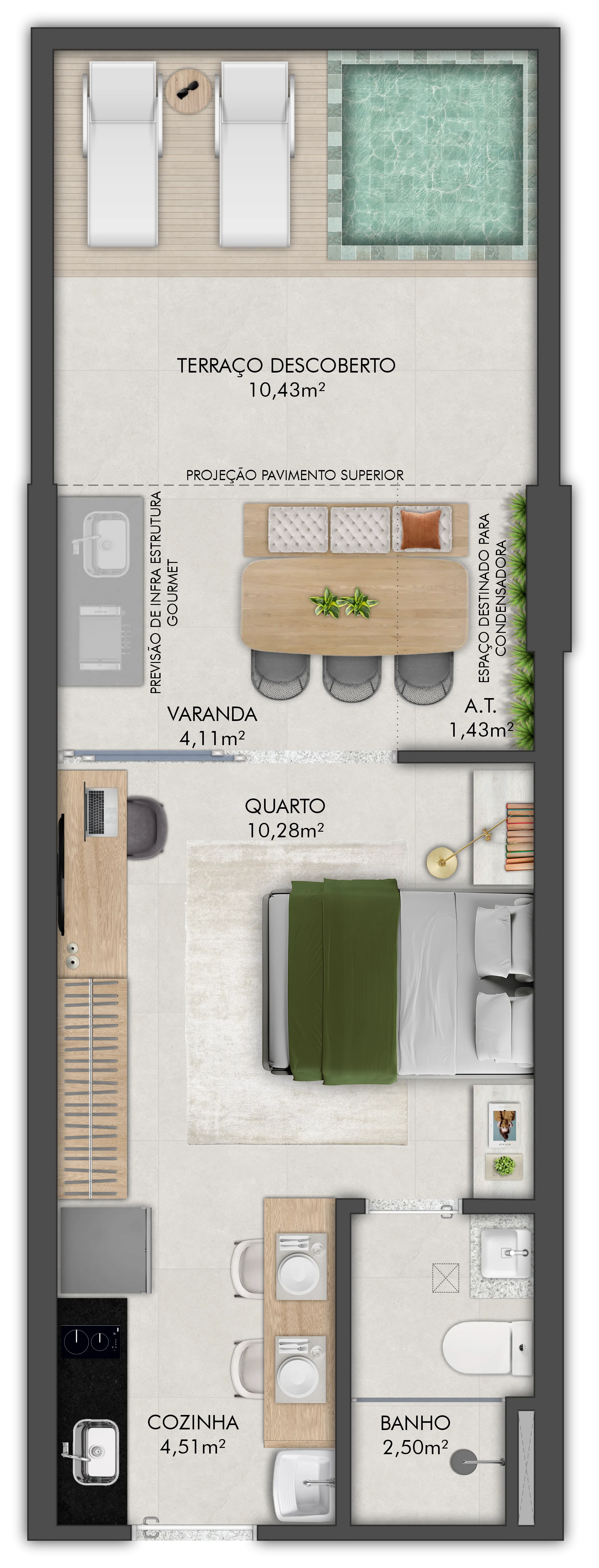 Studio Garden c/ Terraço Privativo - Coluna 04 (37,26 m²)
