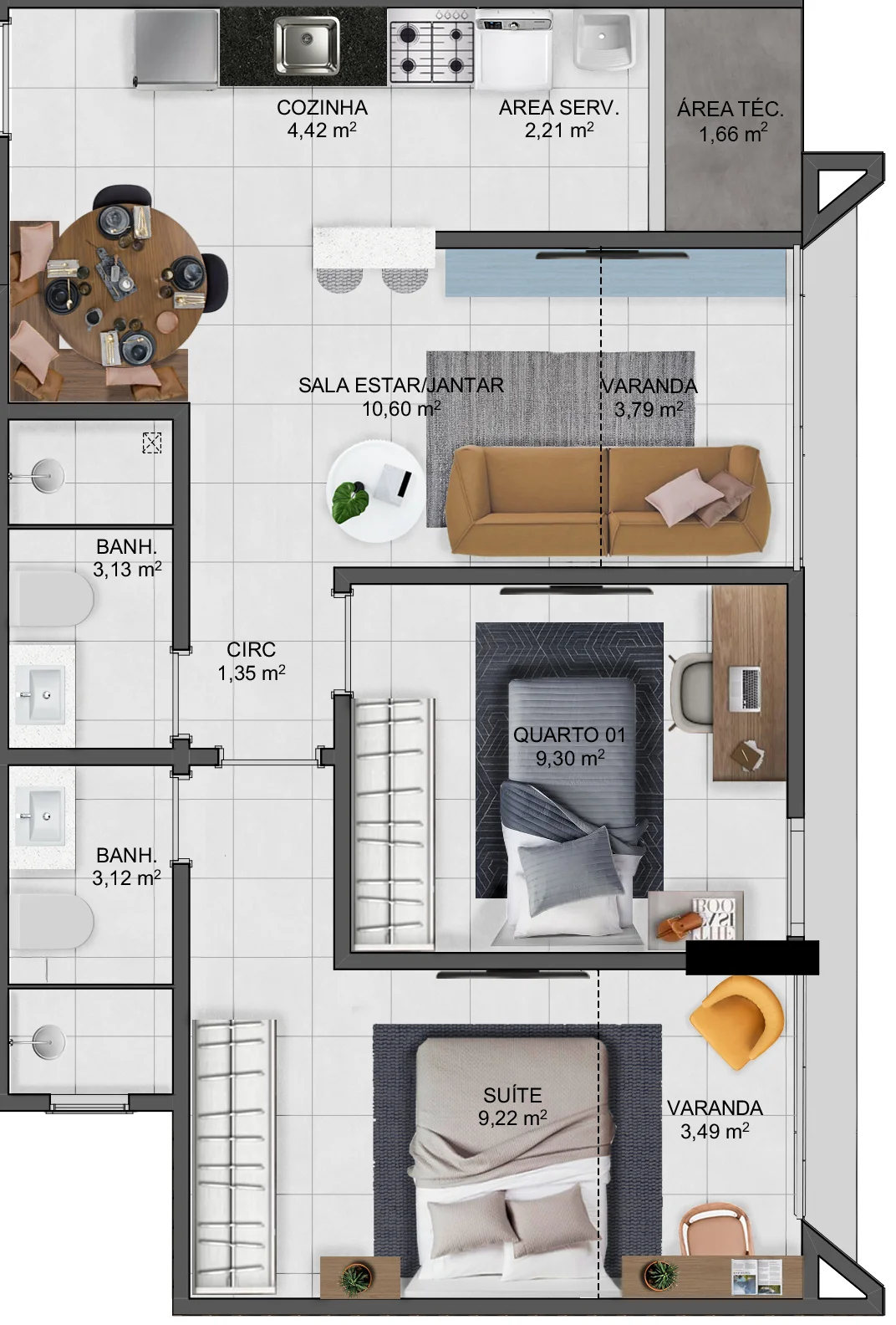 Apartamento 3 Quartos c/ Suíte - Coluna 01 (75,11 m²)