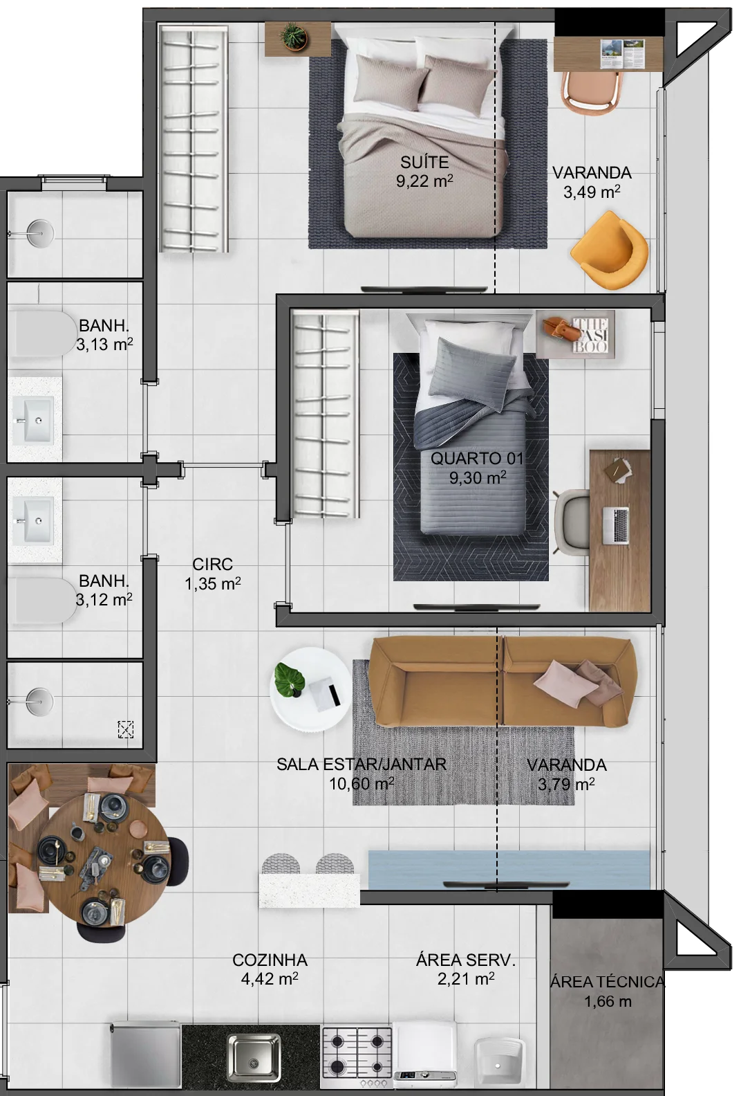 Apartamento 2 Quartos c/ Suíte - Coluna 02 (59,16 m²)
