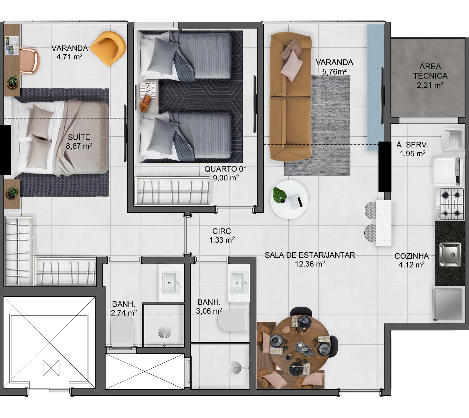Apartamento 2 Quartos c/ Suíte - Coluna 03 (63,41 m²)