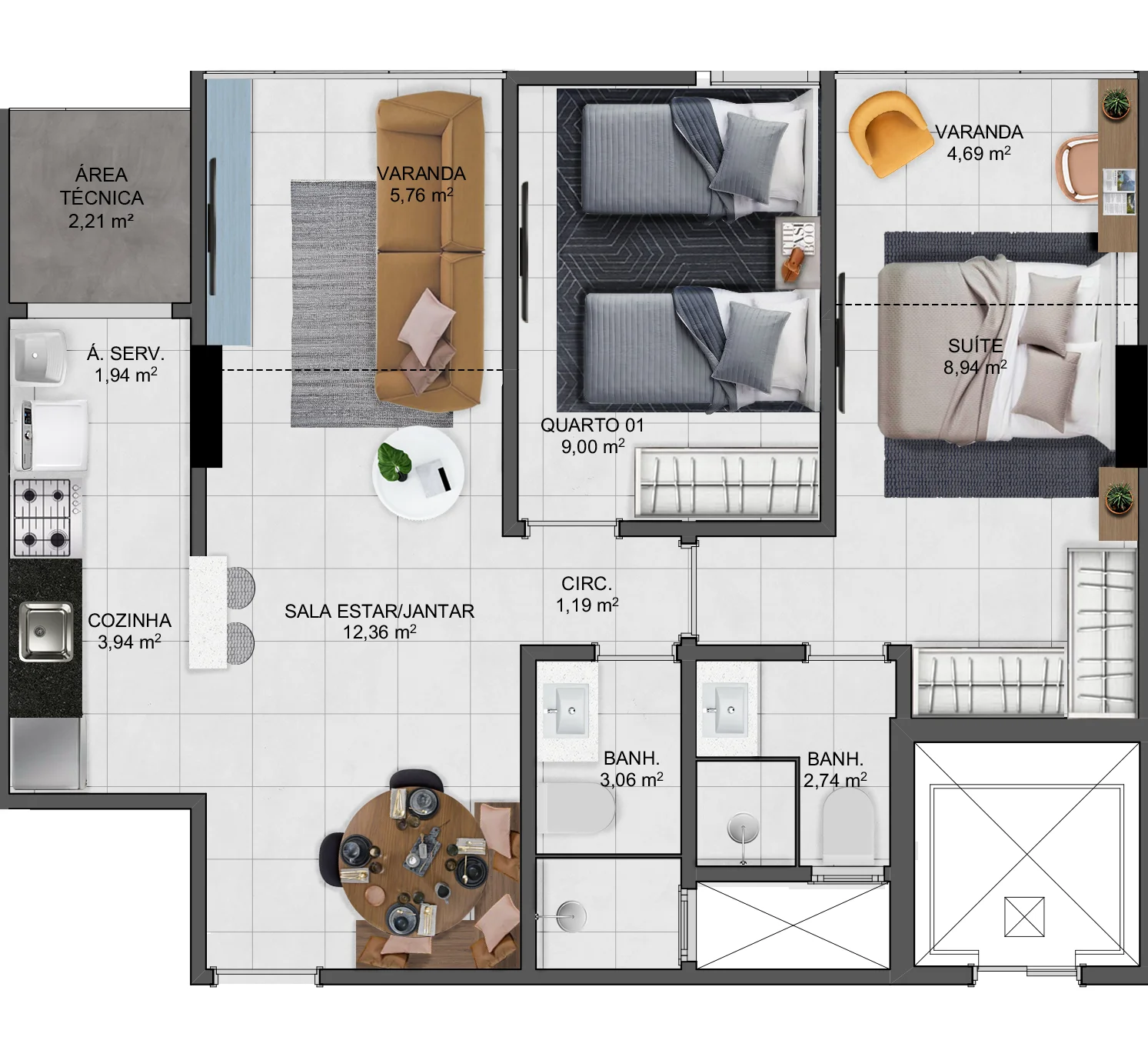 Apartamento 3 Quartos c/ Suíte - Coluna 04 (75,11 m²)