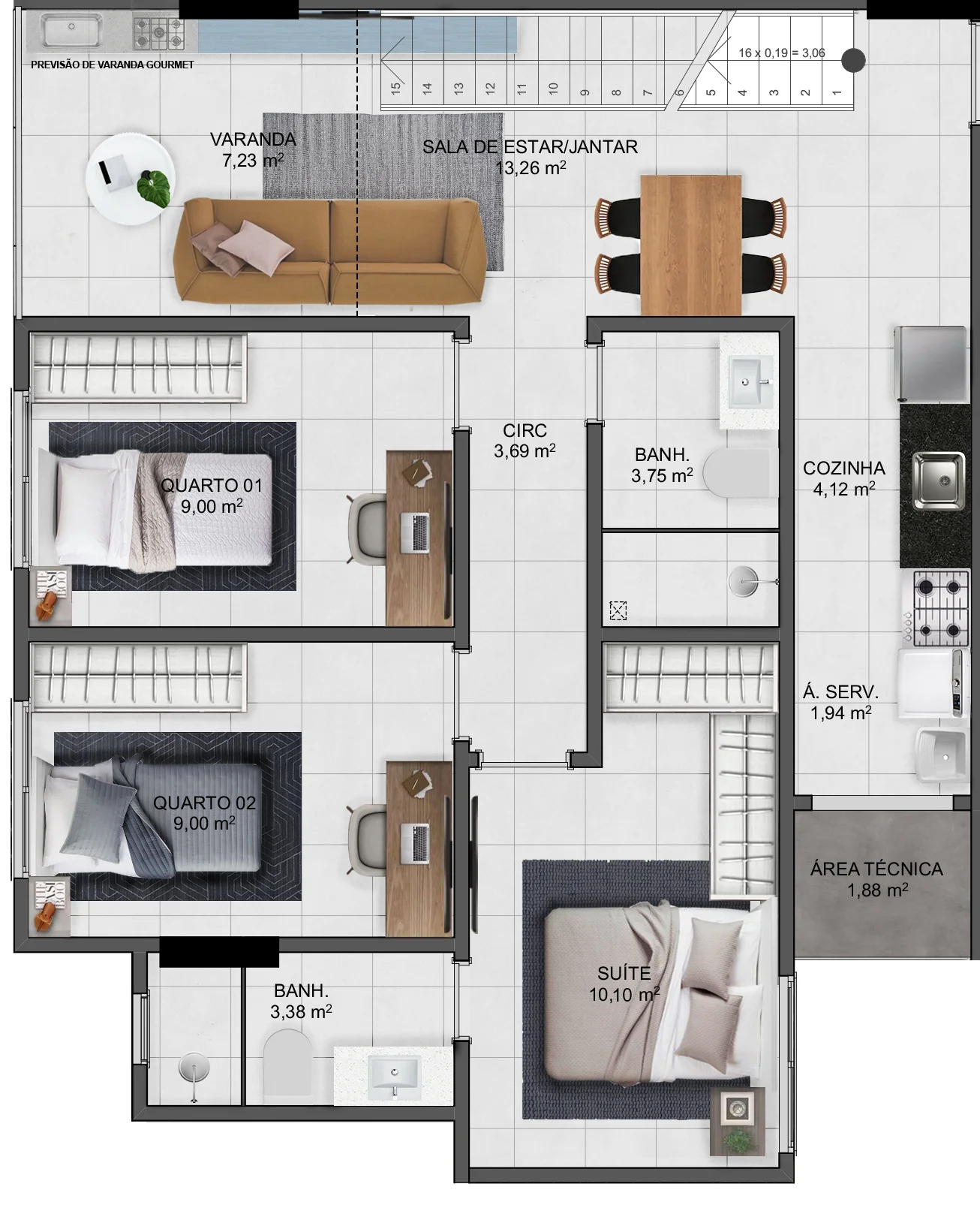 Cobertura Duplex de 3 Quartos - Coluna 06 (156,36 m²)