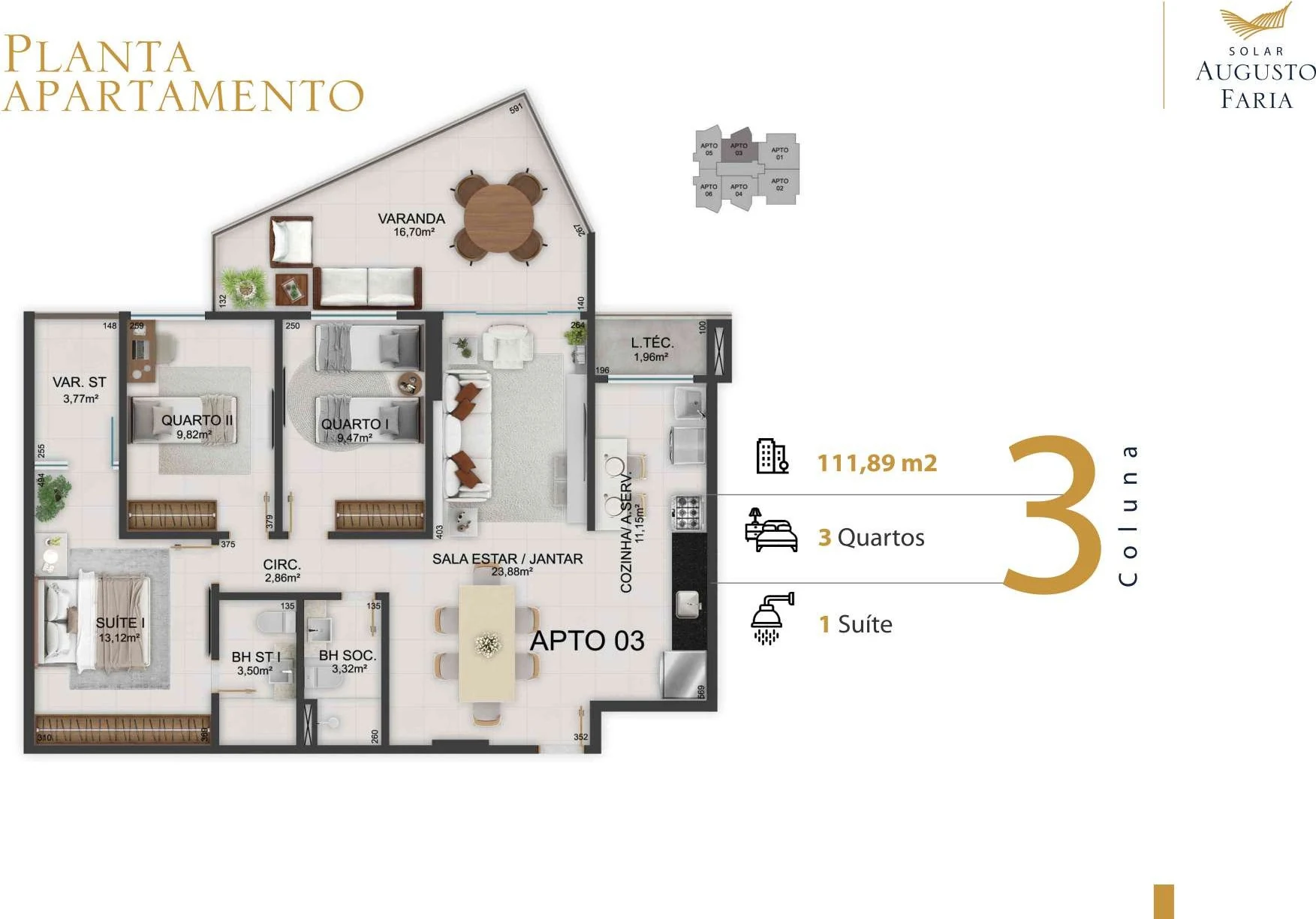 Coluna 03 - 111,89 m² (3 Quartos c/ 1 Suíte)