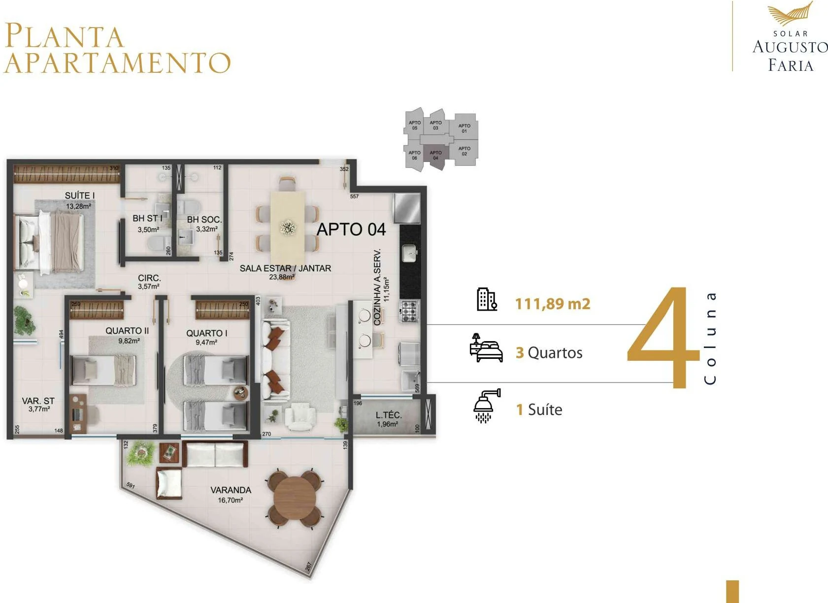 Coluna 04 - 111,89 m² (3 Quartos c/ 1 Suíte)