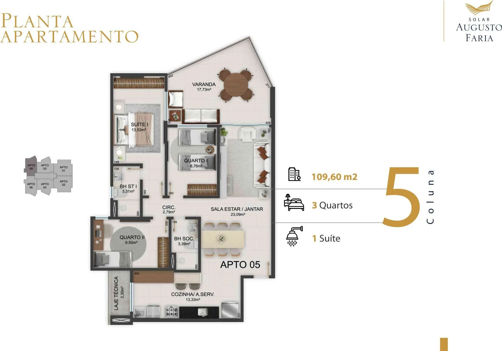 Coluna 05 - 109,60 m² (3 Quartos c/ 1 Suíte)
