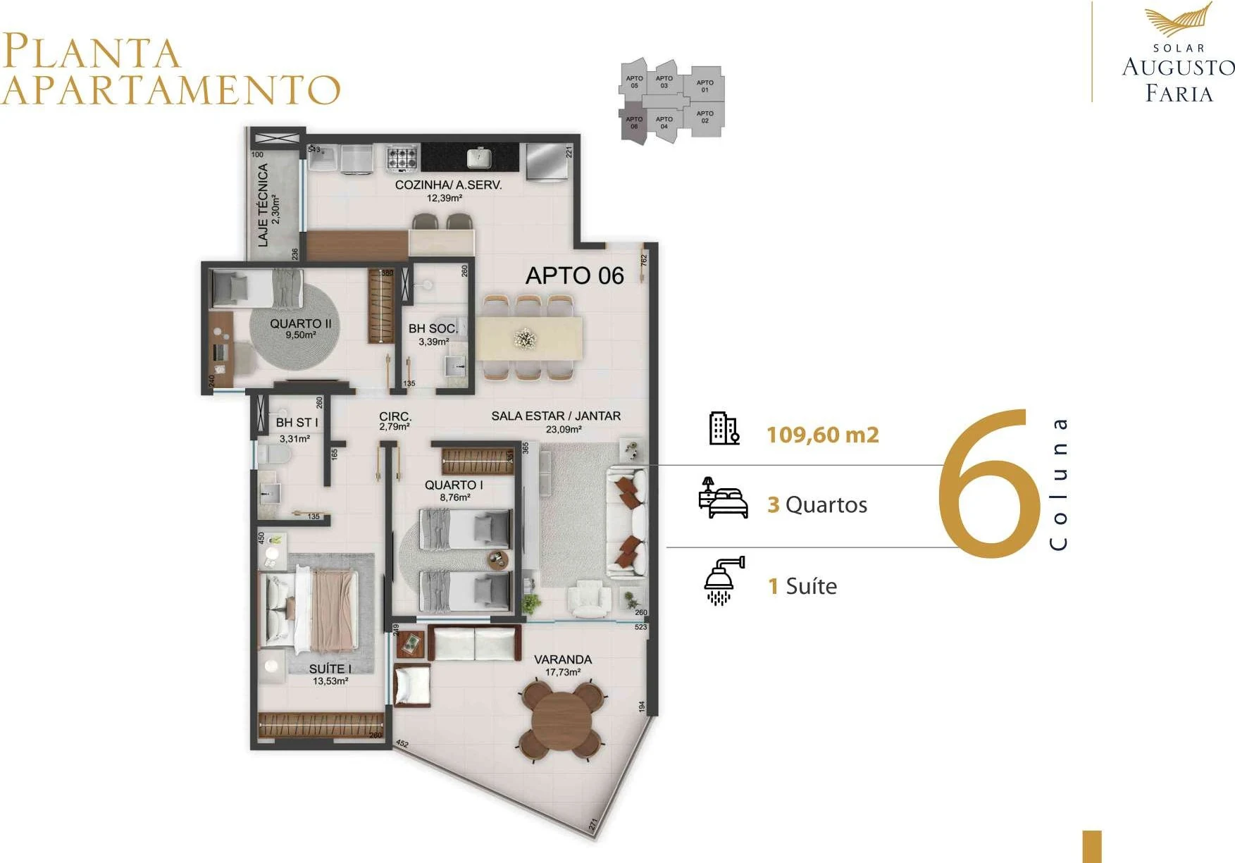Coluna 06 - 109,60 m² (3 Quartos c/ 1 Suíte)