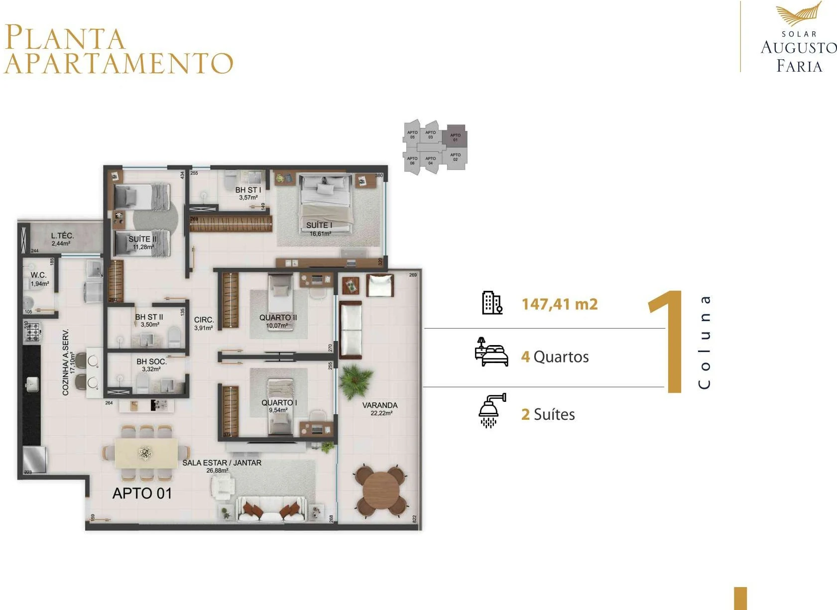 Coluna 01 - 147,41 m² (4 Quartos c/ 2 Suítes)