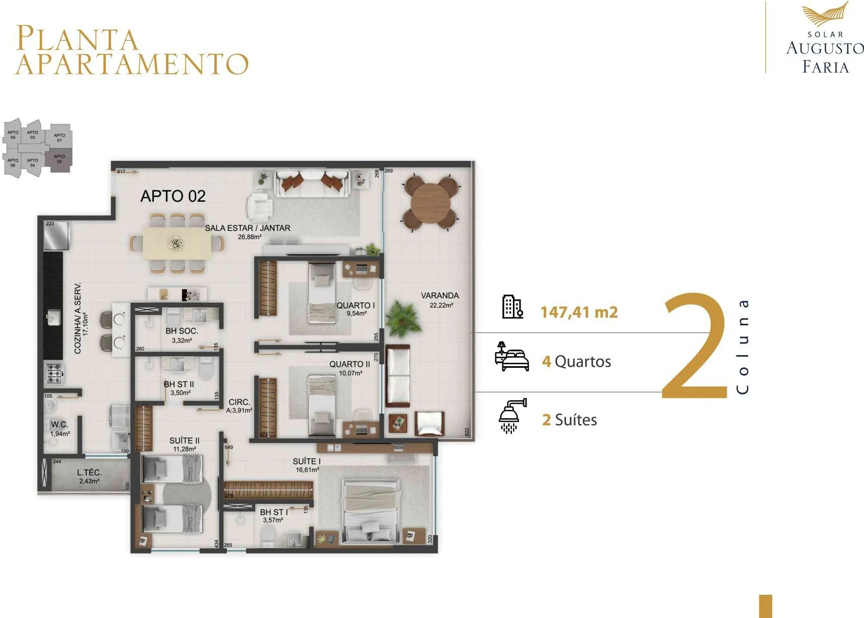 Coluna 02 - 147,41 m² (4 Quartos c/ 2 Suítes)