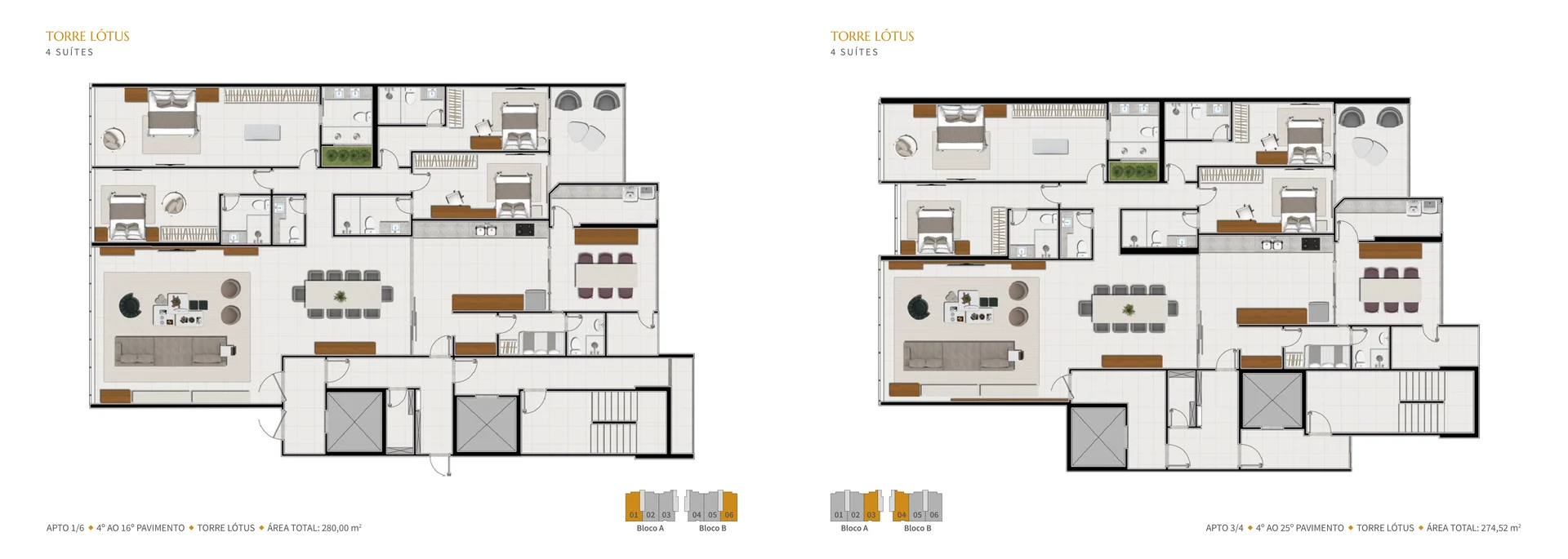 Planta Torre Lótus — 4 Suítes (280,00 m²)