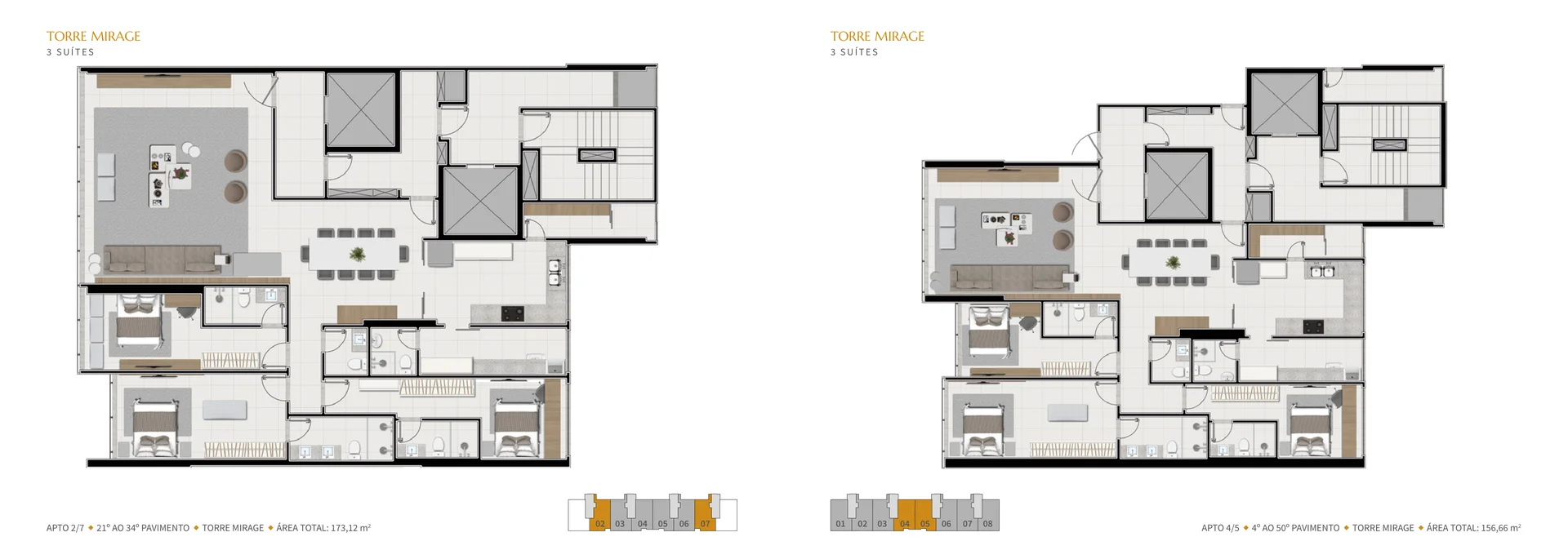 Planta Torre Mirage — 3 Suítes (156,66 m²)