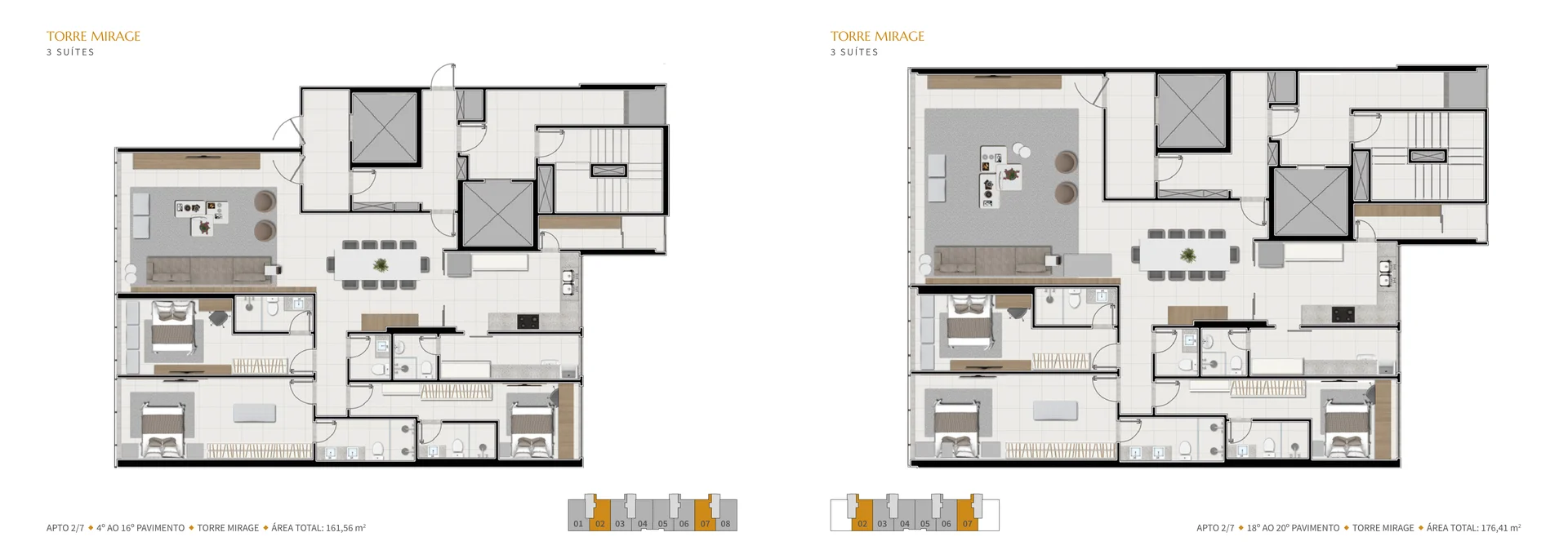 Planta Torre Mirage — 3 Suítes (161,56 m²)