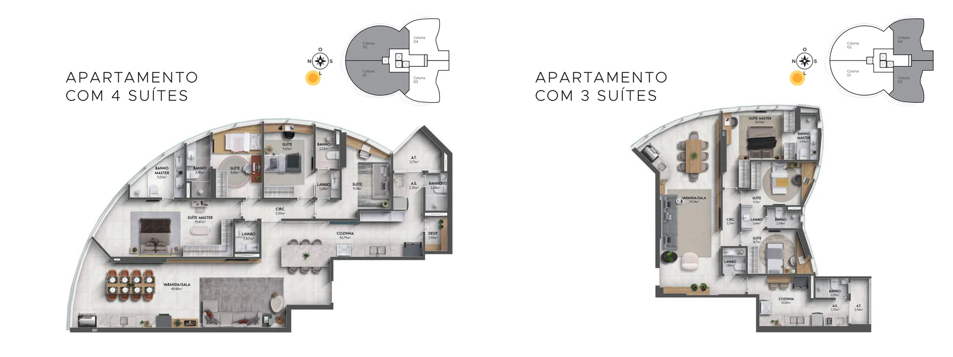Planta Tipo 4 Suítes Frente Baía — Colunas 01 e 02 (150,11 m²)