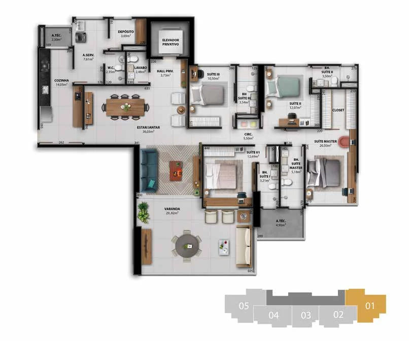 Torre Da Vinci - Coluna 01 (209,50 m² | 4 Suítes)