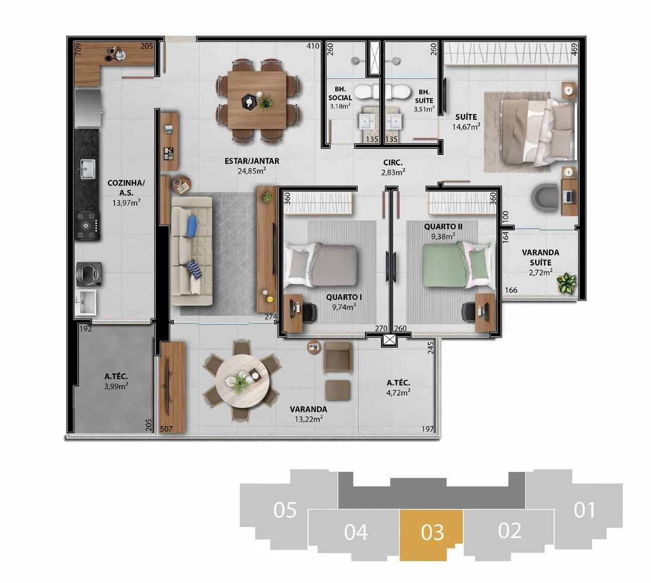 Torre Da Vinci - Coluna 03 (121,20 m² | 3 Quartos c/ 1 Suíte)