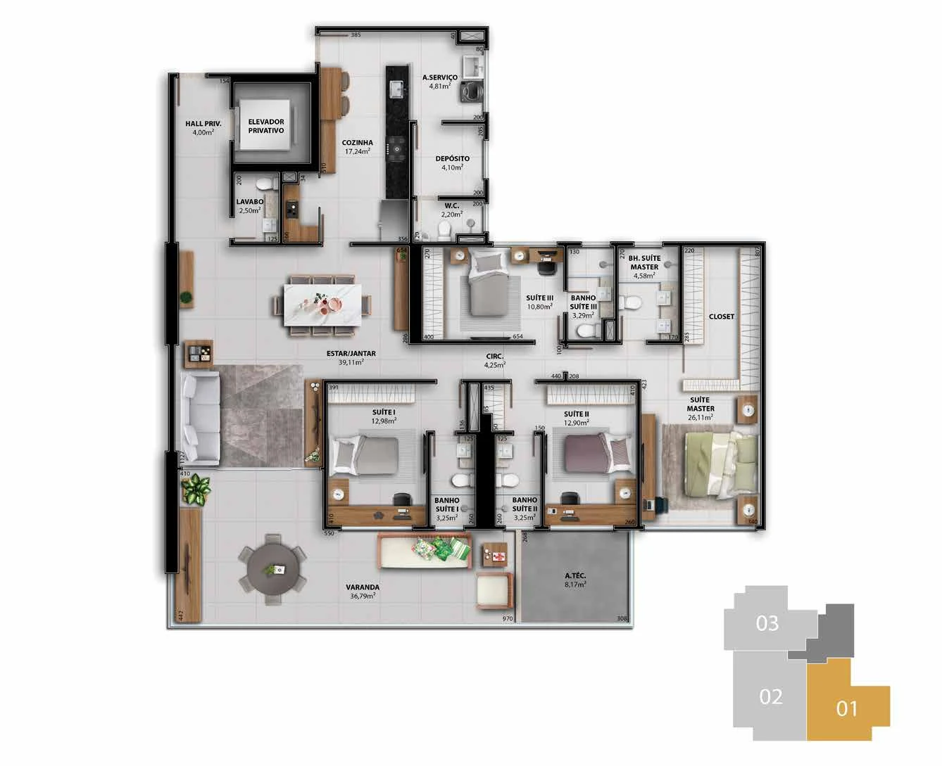 Torre Van Gogh - Coluna 01 (223,03 m² | 4 Suítes)