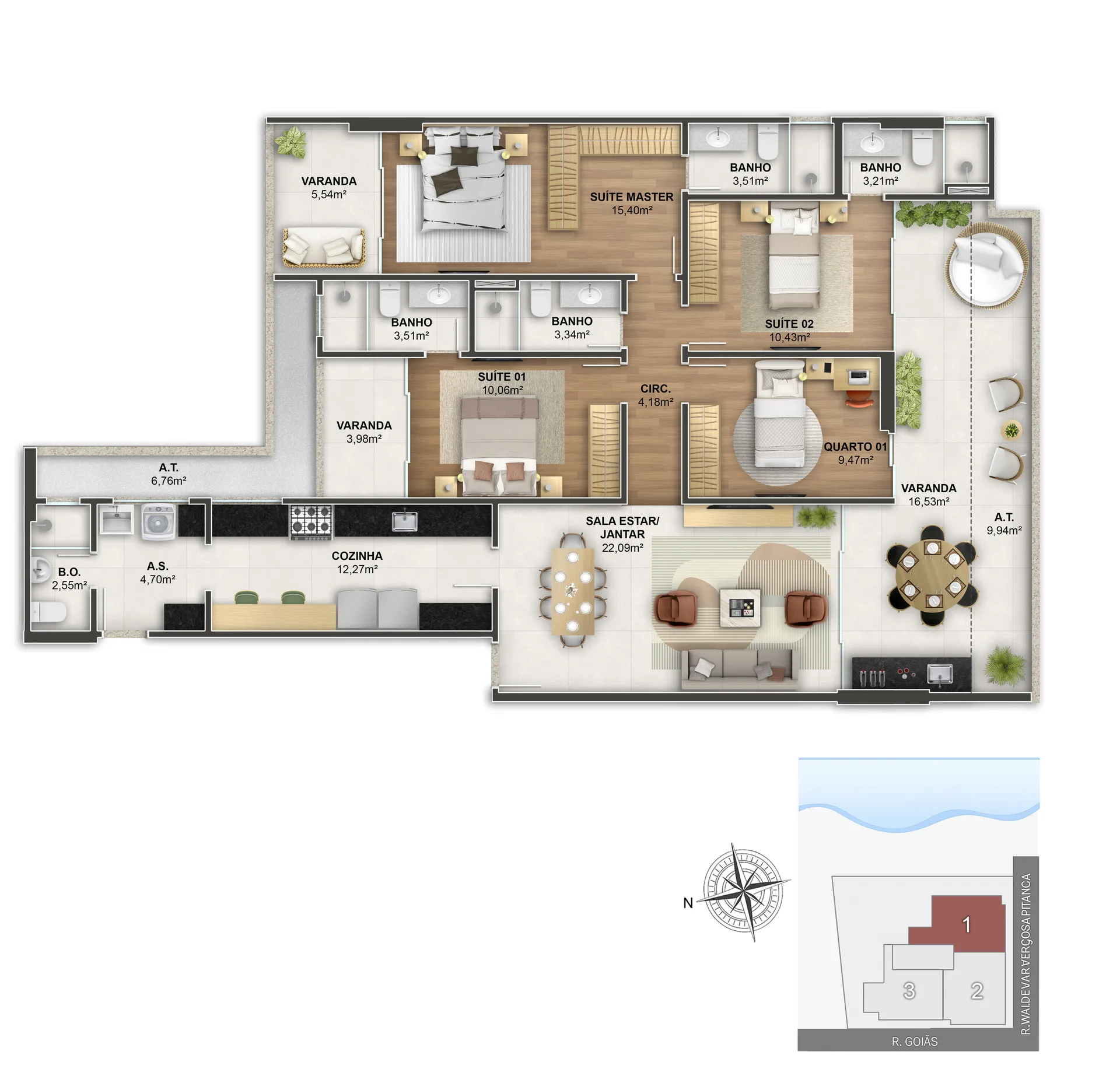 Coluna 01 - 4 Quartos (4 Suítes) | 166,76 m²