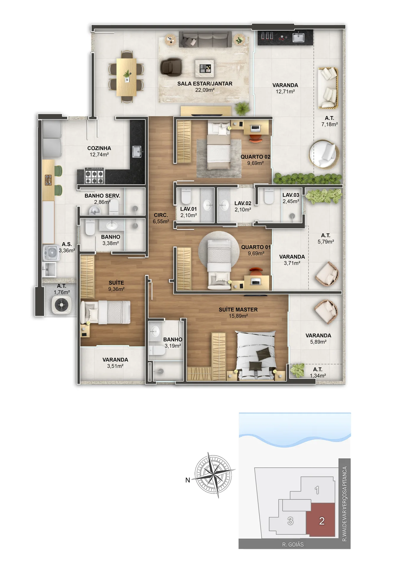 Coluna 02 - 4 Quartos (3 Suítes) | 165,51 m² a 167,95 m²