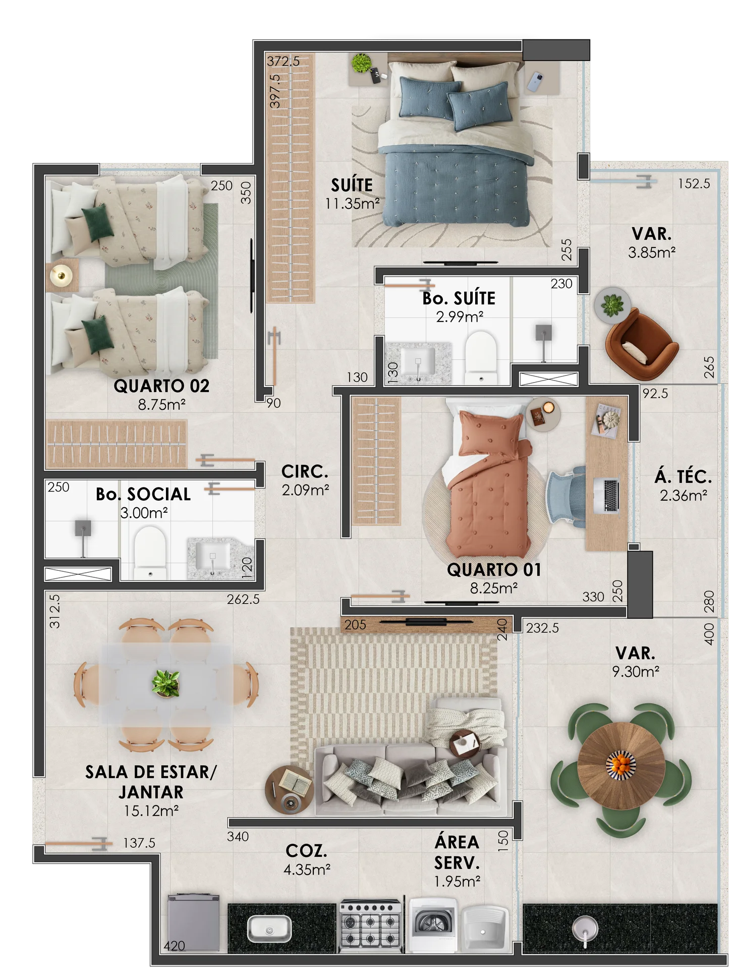 Planta Torre Aurora — Coluna 01 (3 Quartos com Suíte)