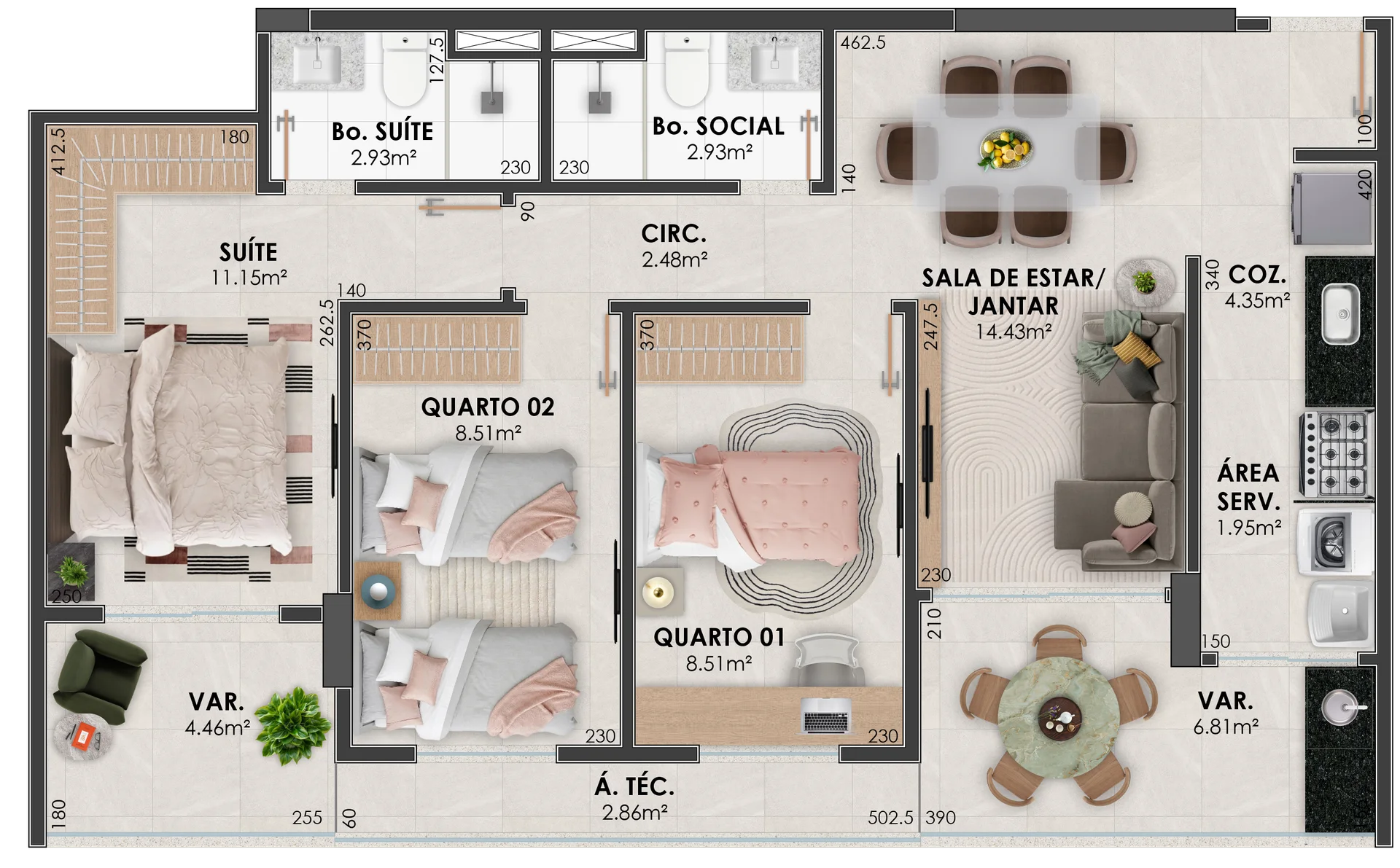 Planta Torre Aurora — Coluna 03 (3 Quartos com Suíte)