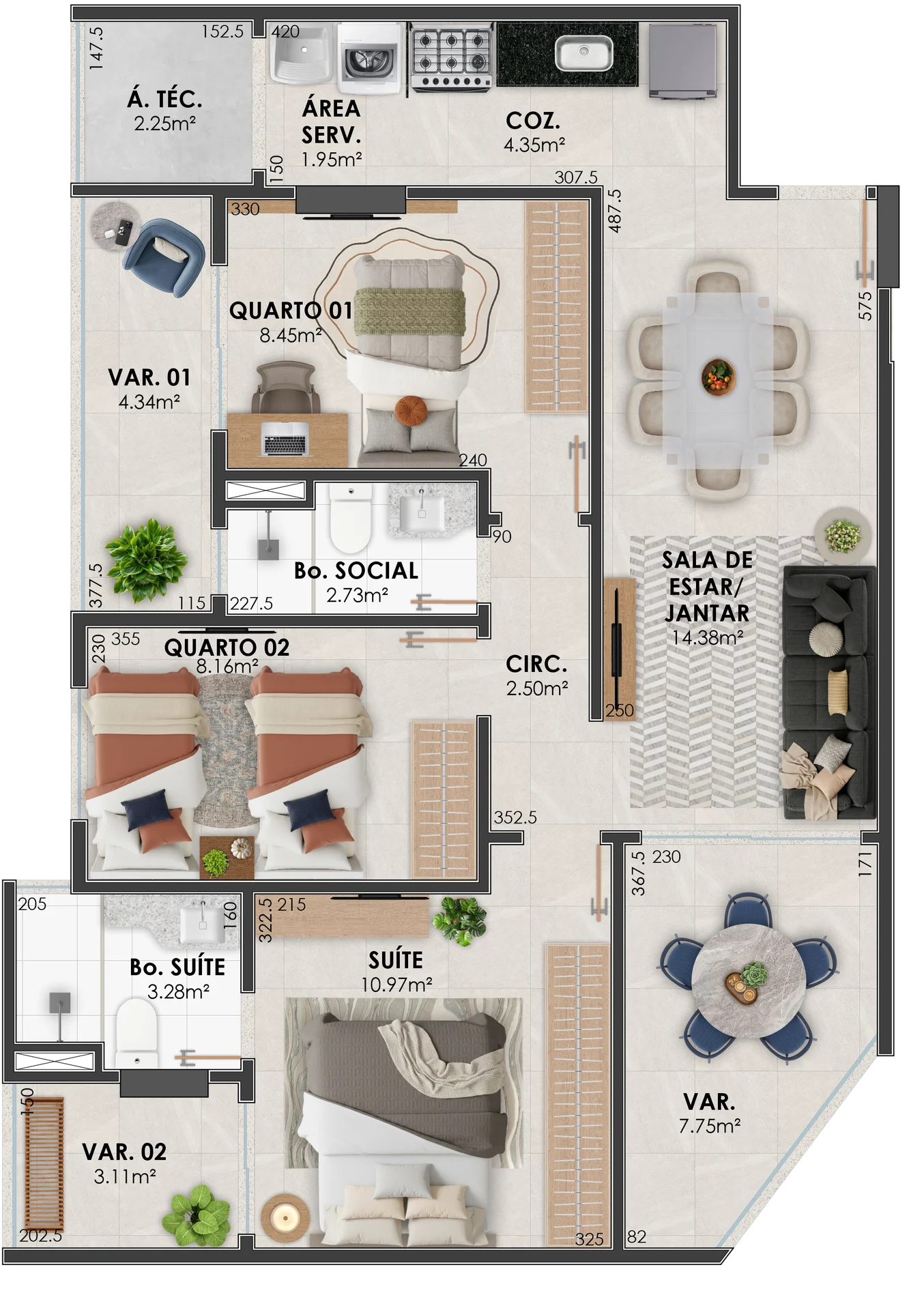 Planta Torre Aurora — Coluna 04 (3 Quartos com Suíte)