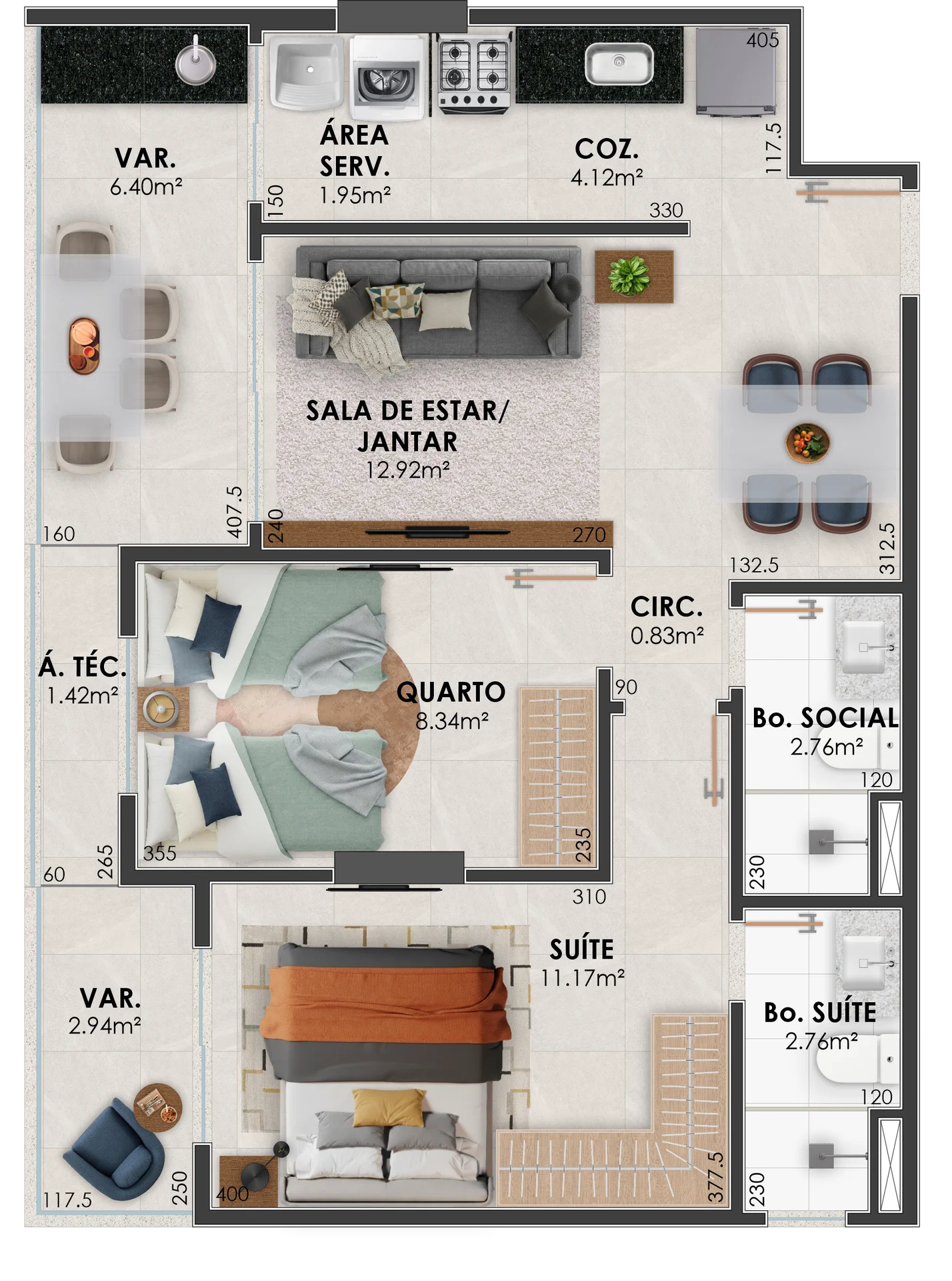 Planta Torre Íris — Coluna 01 (2 Quartos com Suíte)