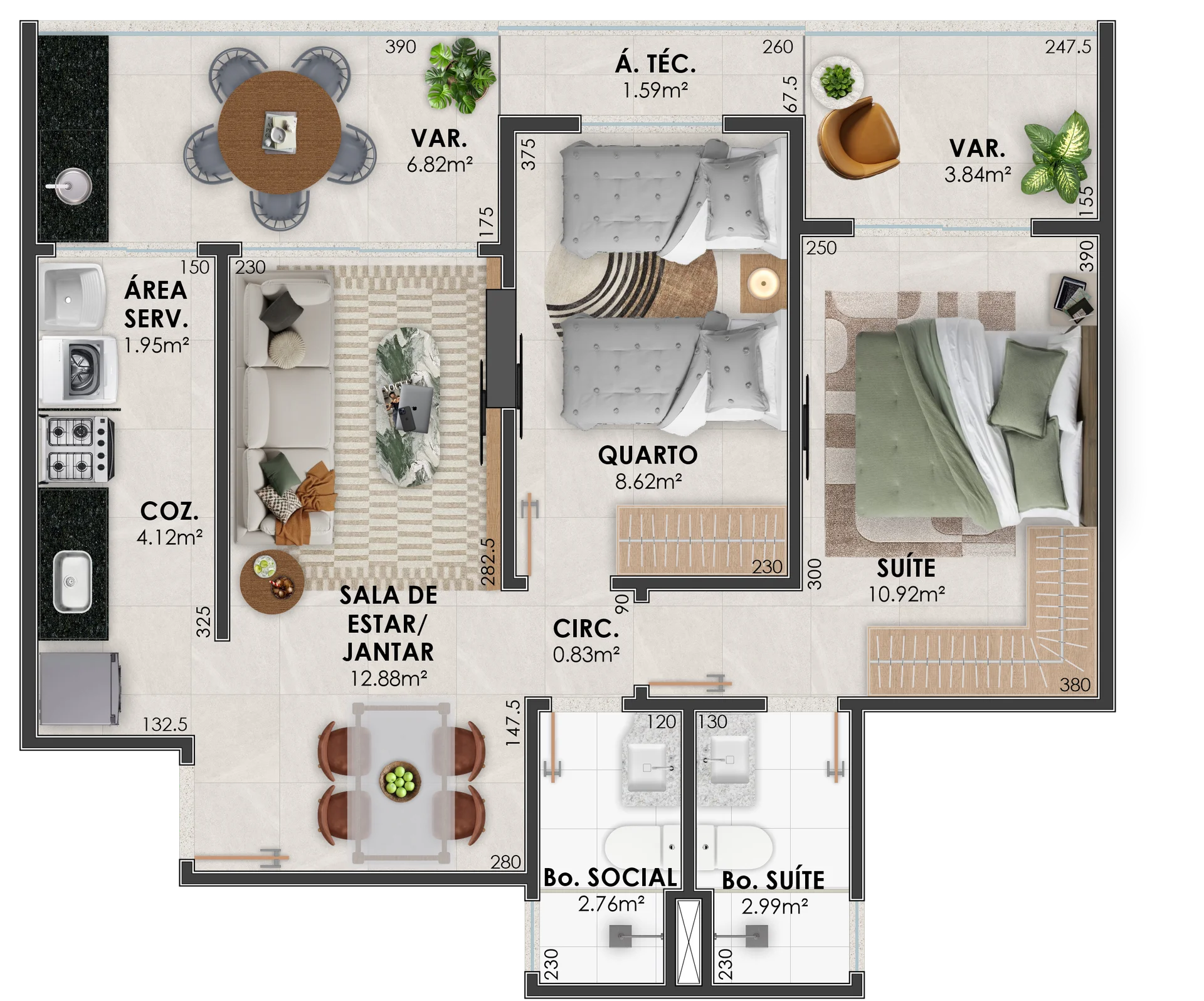 Planta Torre Íris — Coluna 03 (2 Quartos com Suíte)