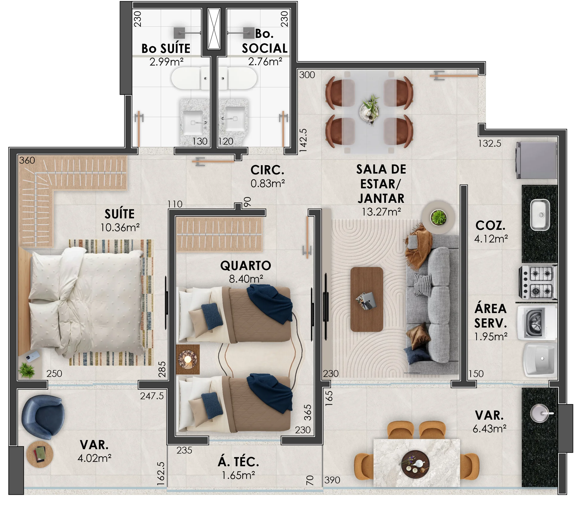 Planta Torre Íris — Coluna 08 (2 Quartos com Suíte)