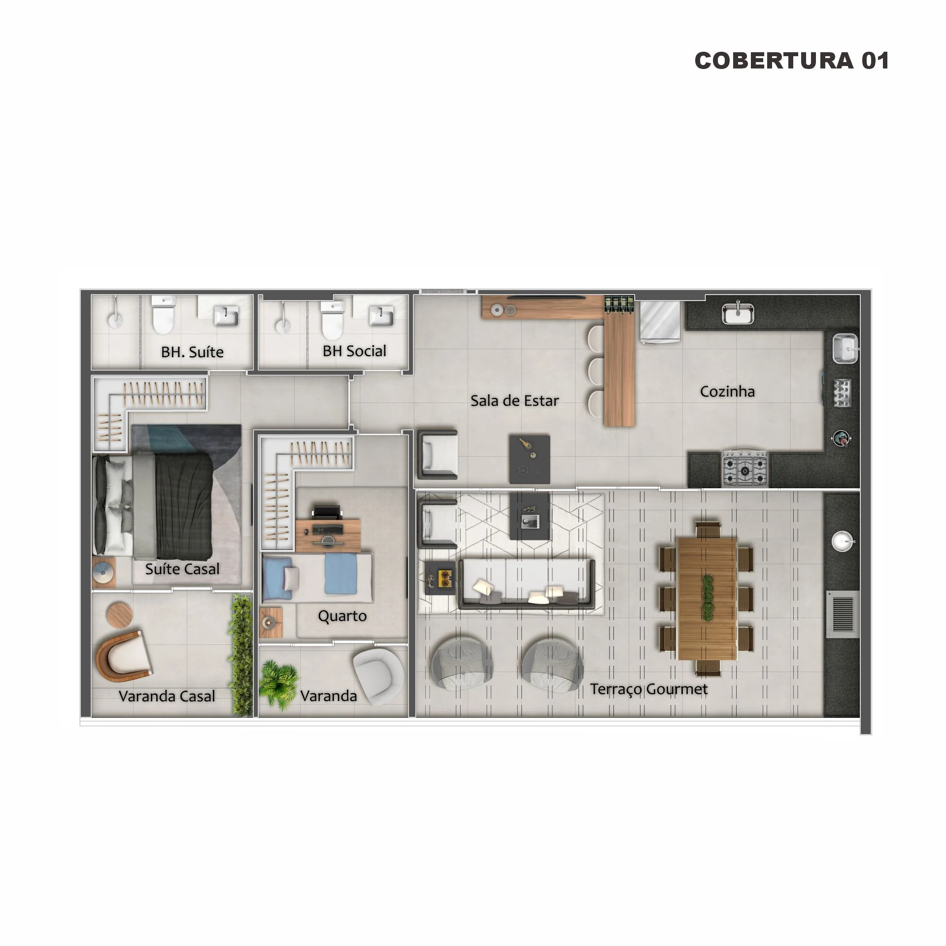 Planta Cobertura Linear 1101 - 2 Quartos c/ Terraço Gourmet (95,68 m²)