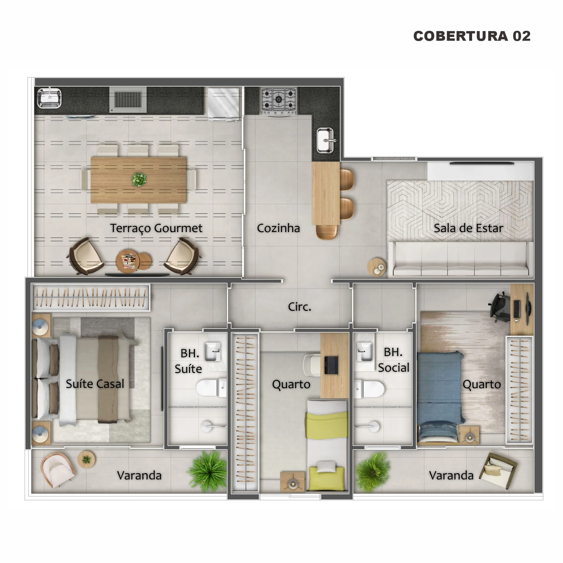 Planta Cobertura Linear 1102 - 3 Quartos c/ Terraço Gourmet (91,03 m²)