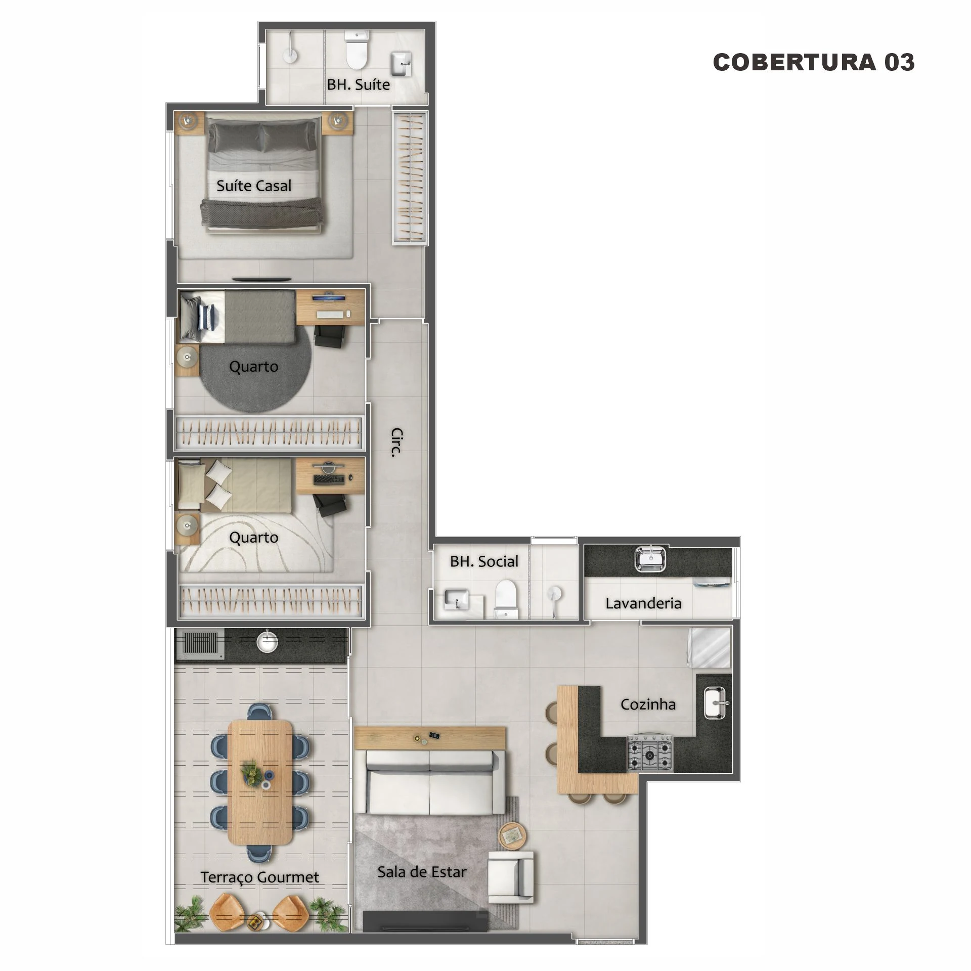 Planta Cobertura Linear 1103 - 3 Quartos c/ Terraço Gourmet (96,51 m²)