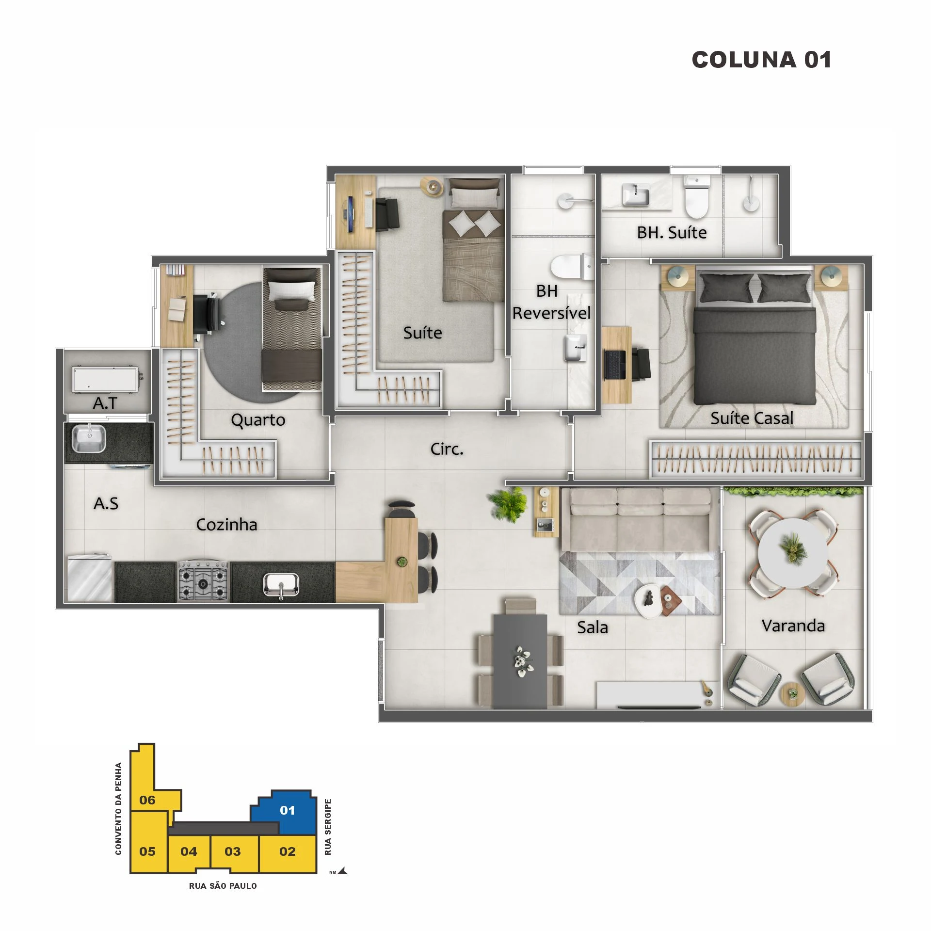 Planta Coluna 01 - 3 Quartos c/ Suíte (84,52 m²)