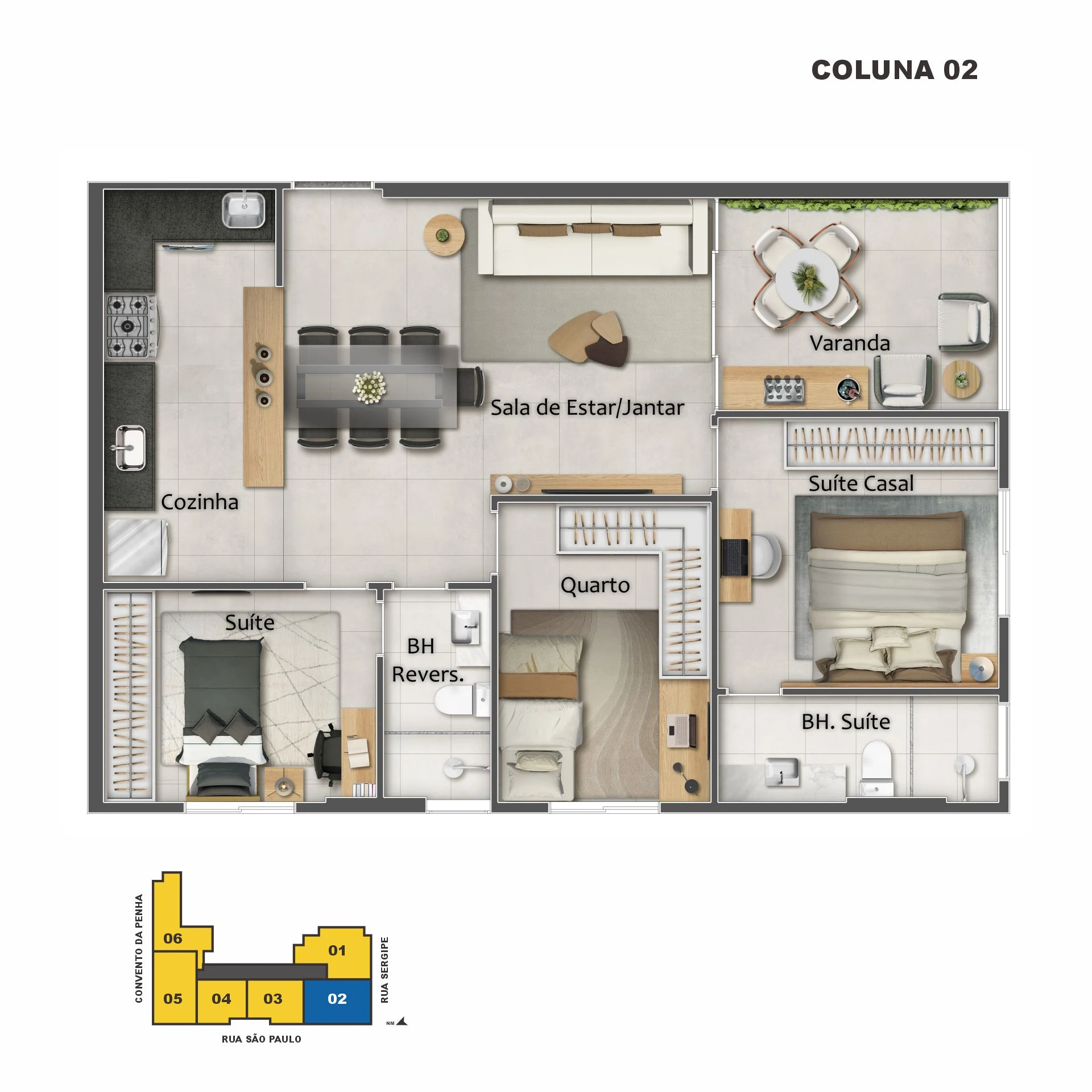 Planta Coluna 02 - 3 Quartos c/ Suíte (79,93 m²)