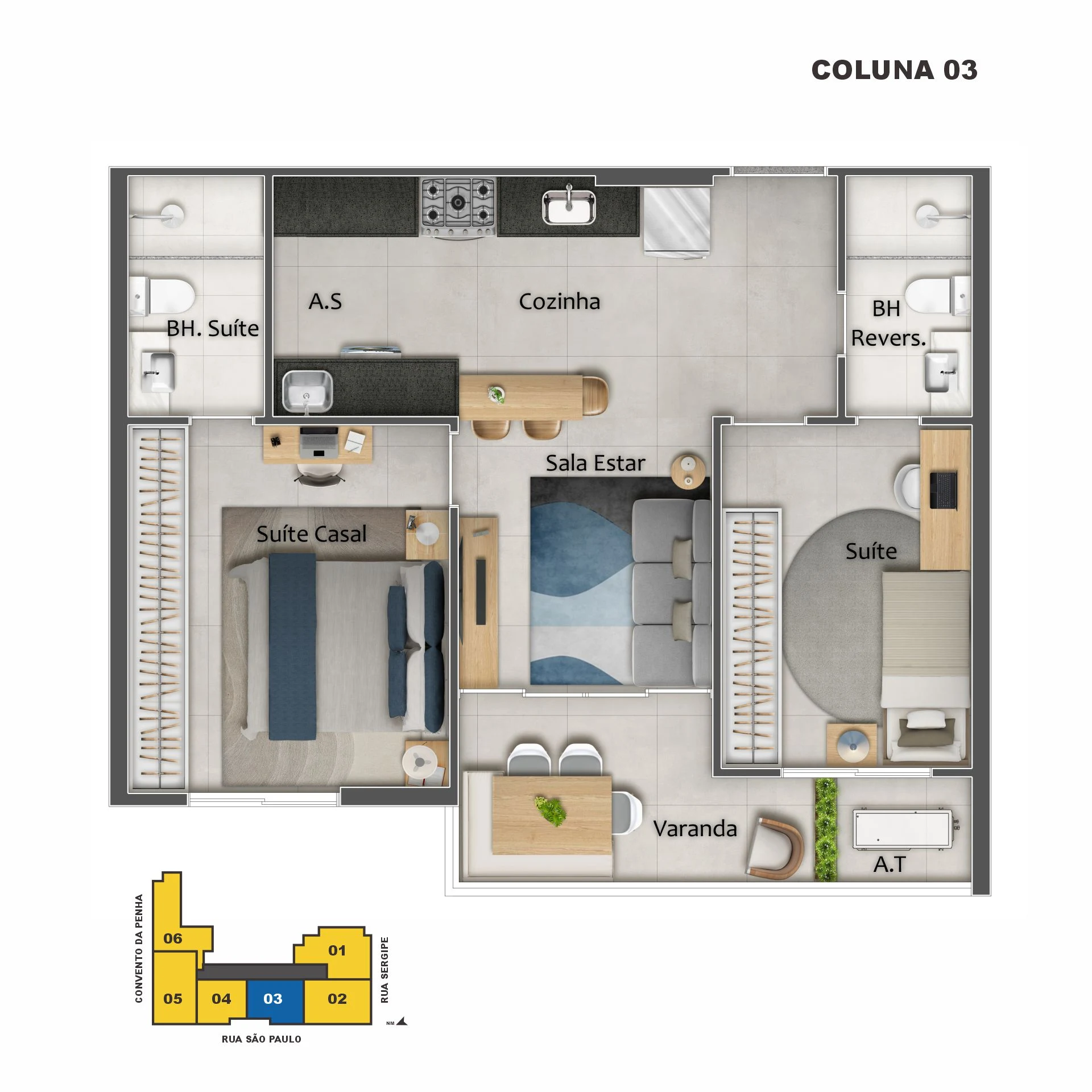 Planta Colunas 03 e 04 - 2 Quartos c/ Suíte (60,41 m²)