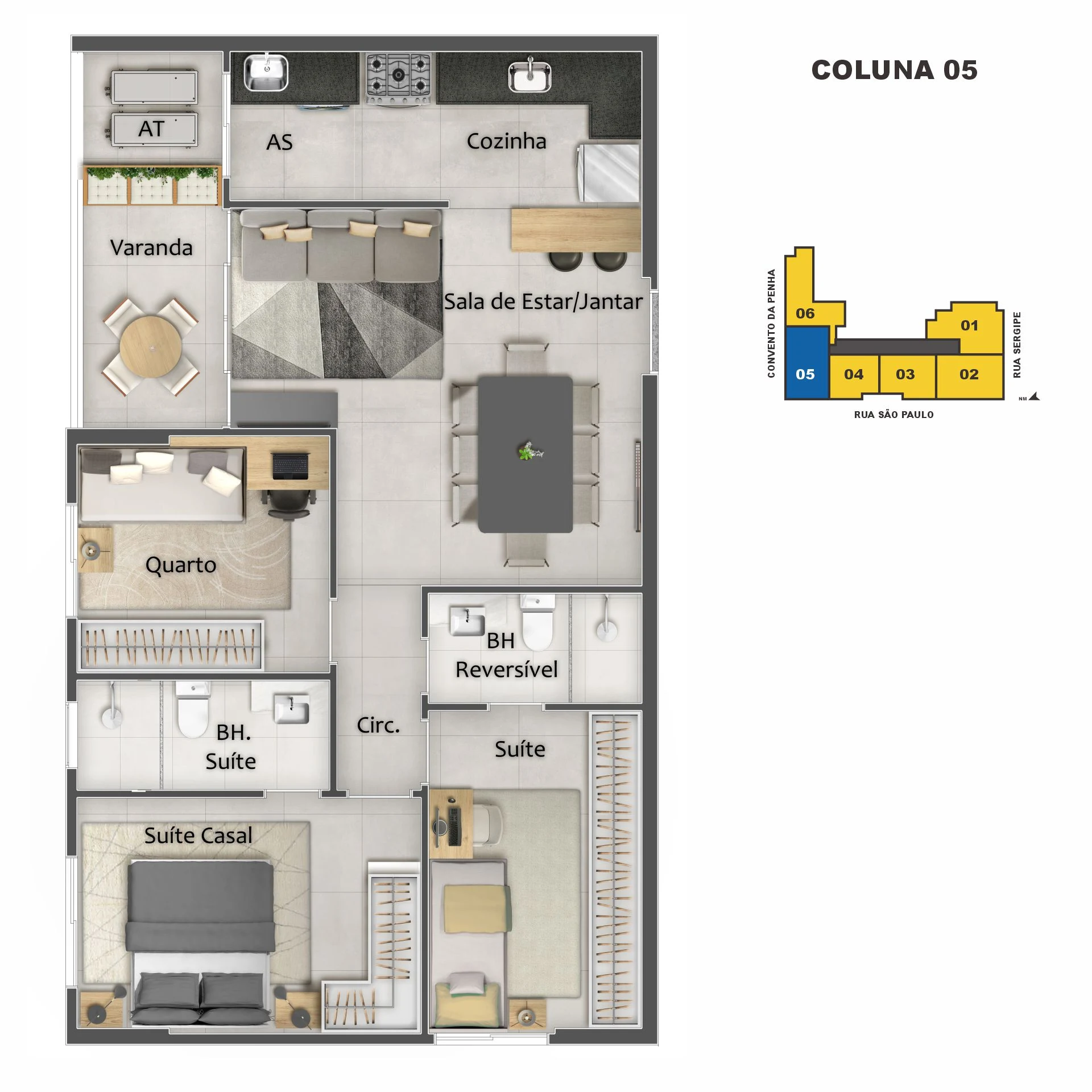 Planta Coluna 05 - 3 Quartos c/ Suíte (77,30 m²)