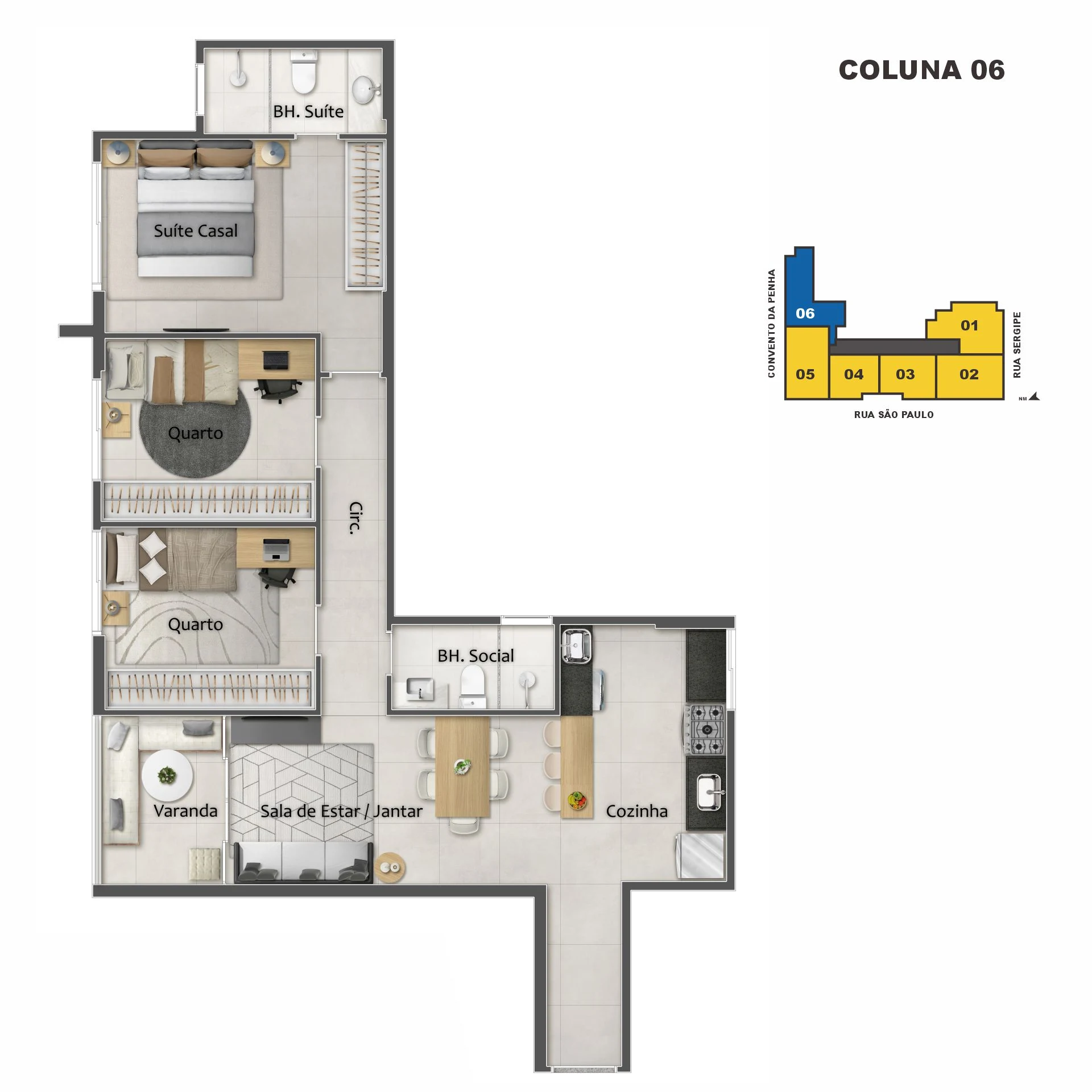 Planta Coluna 06 - 3 Quartos c/ Suíte (79,19 m²)