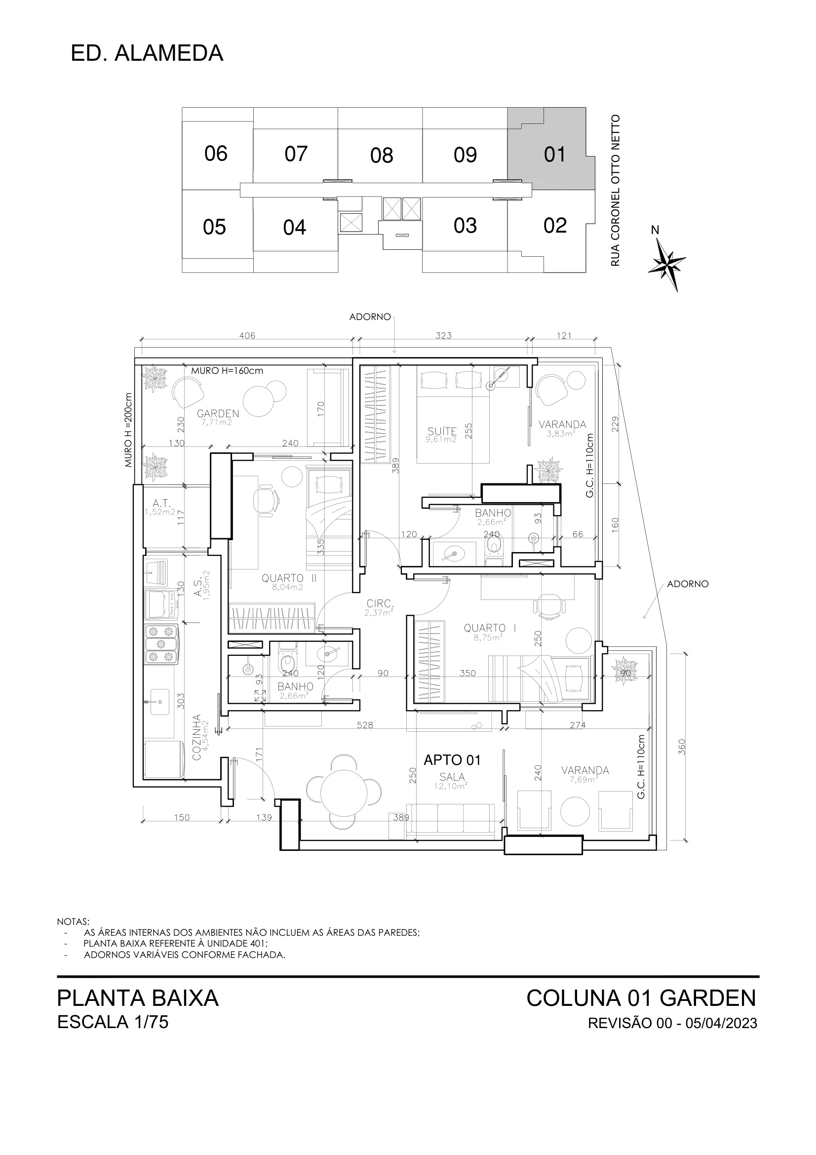 Planta Garden Coluna 01 - 3 Quartos 108,18 m² - Alameda Residence