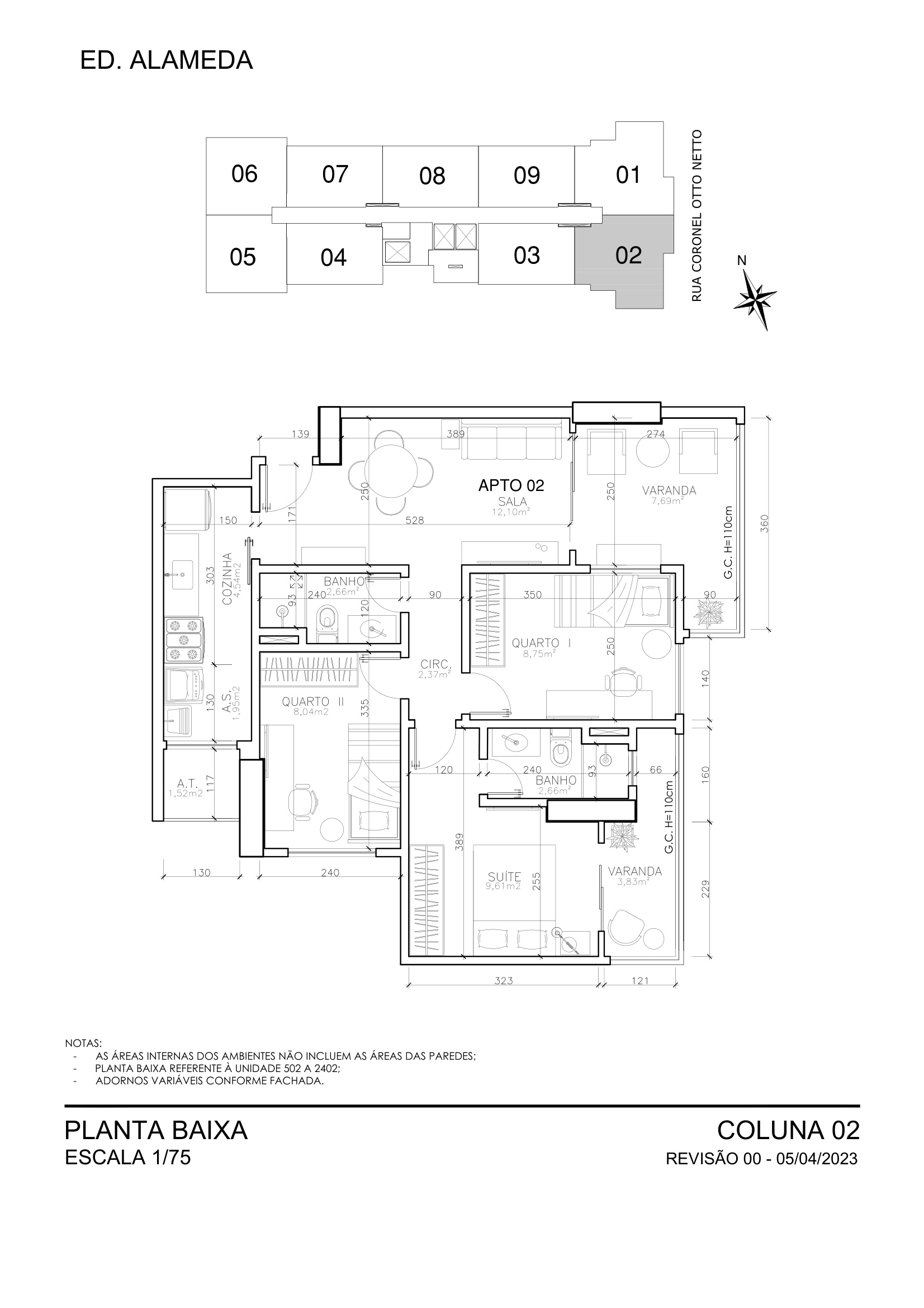 Planta Coluna 02 - 3 Quartos com Suite 85,11 m² - Alameda Residence