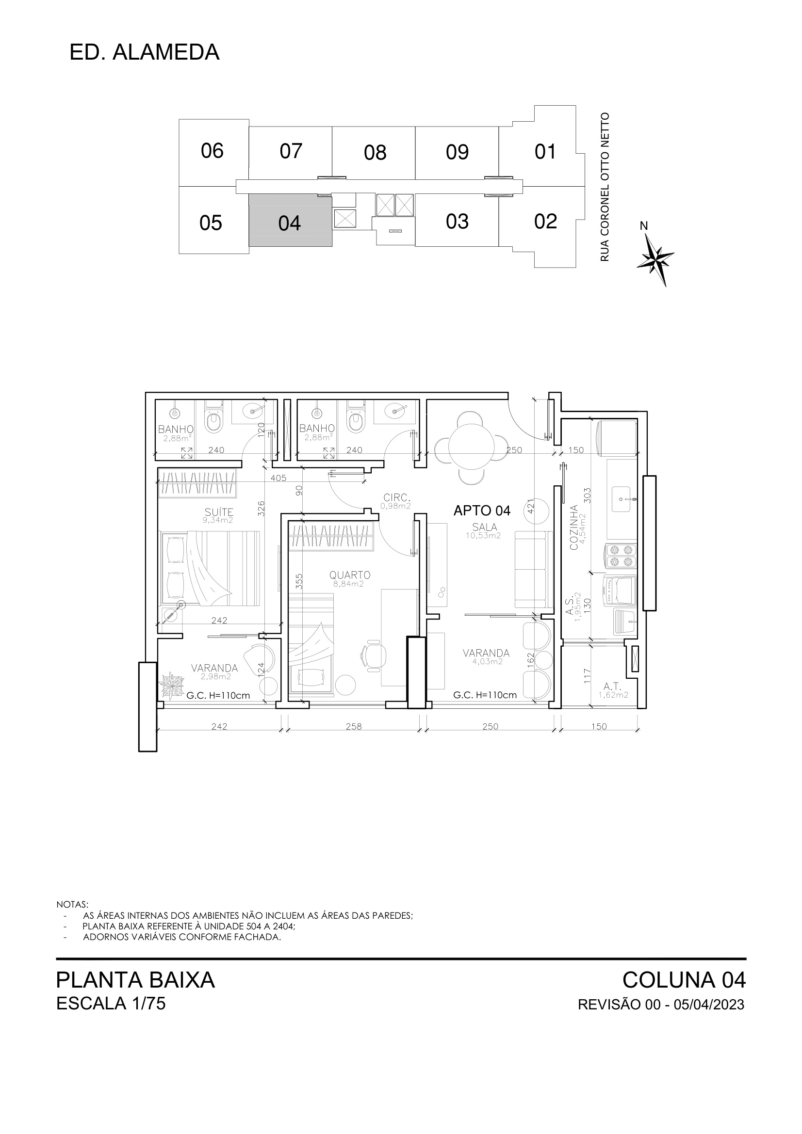 Planta Coluna 04 - 2 Quartos com Suite 61,50 m² - Alameda Residence
