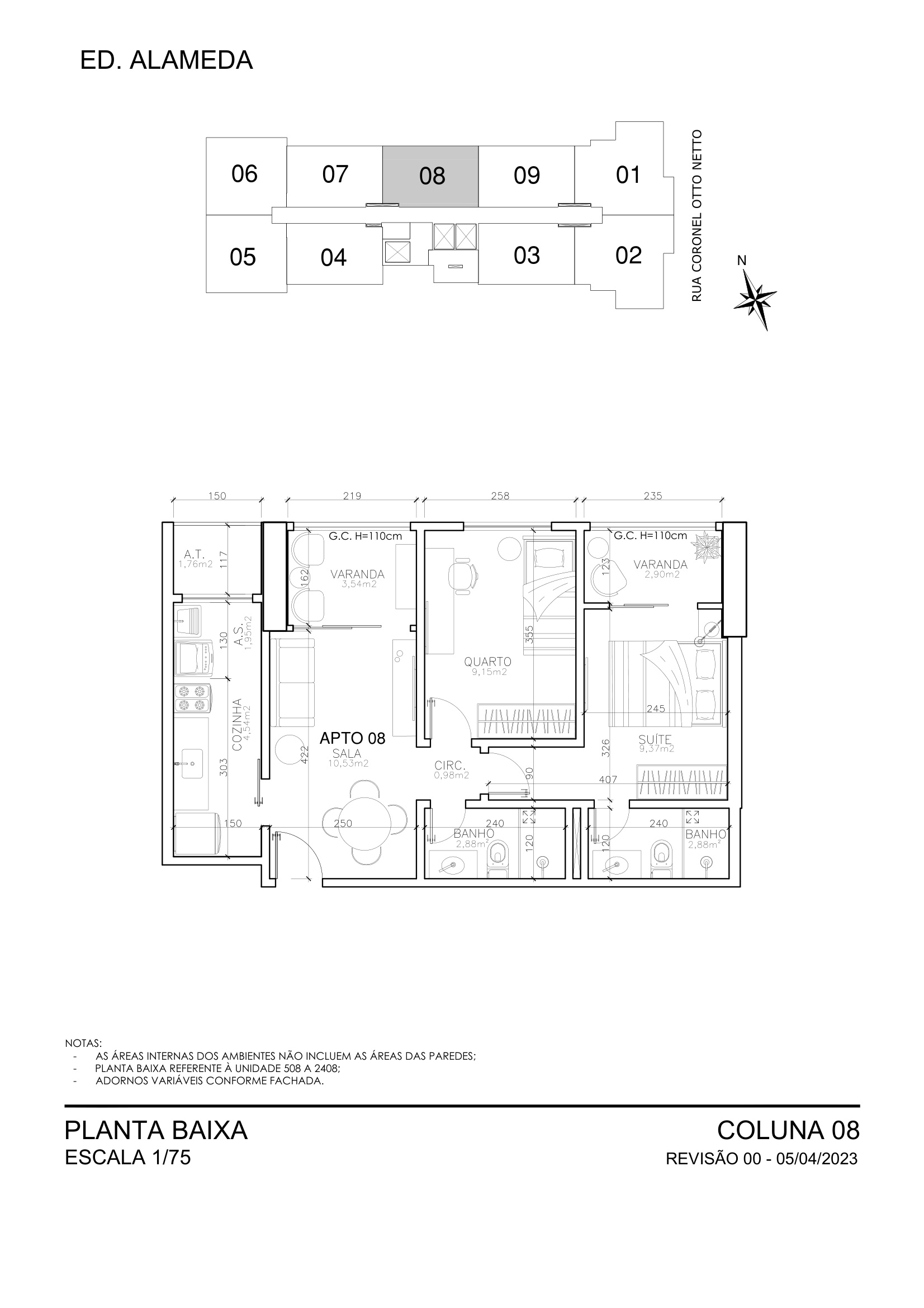 Planta Coluna 08 - 2 Quartos com Suite 61,50 m² - Alameda Residence