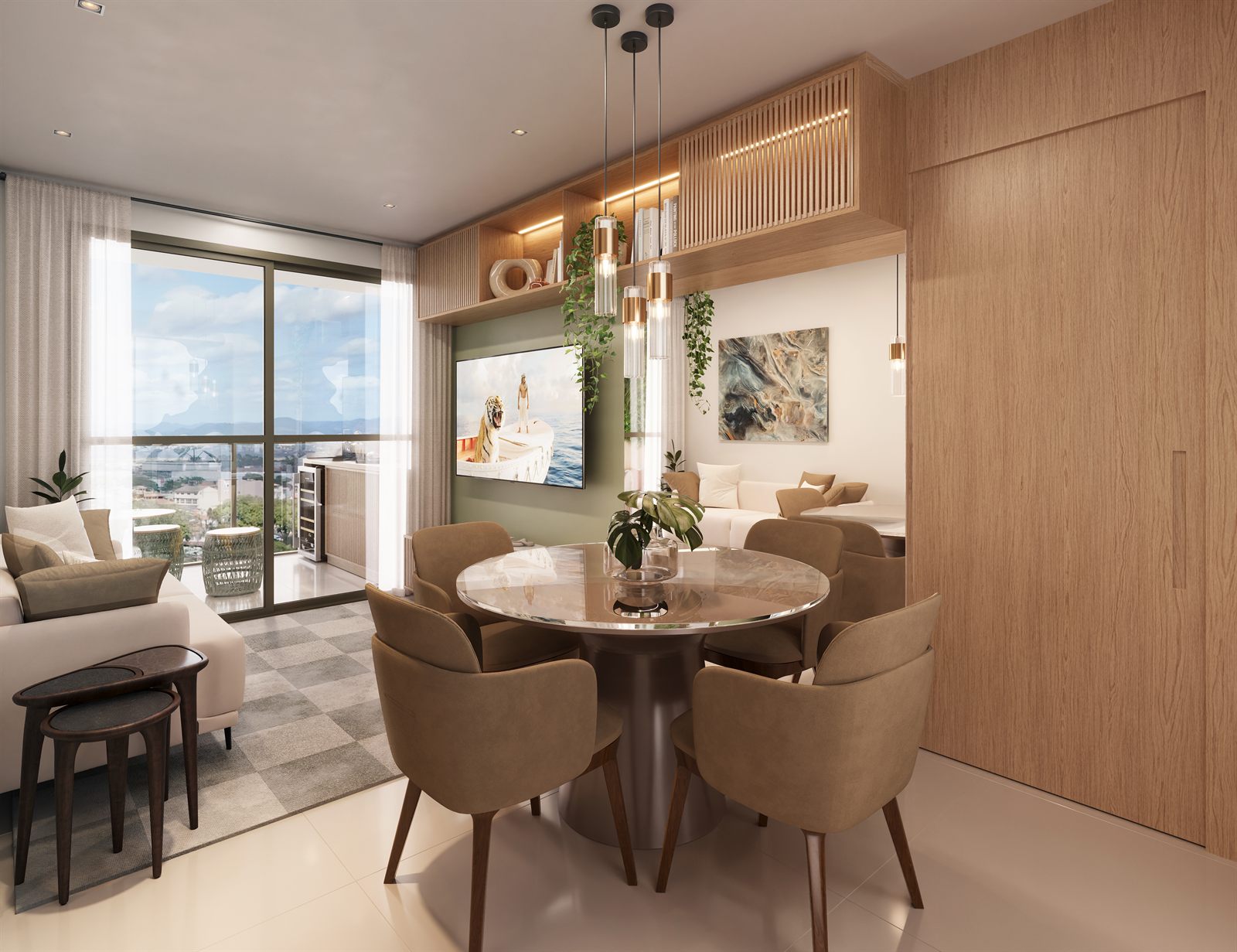 Living integrado com sala de estar, jantar e rebaixamento em gesso