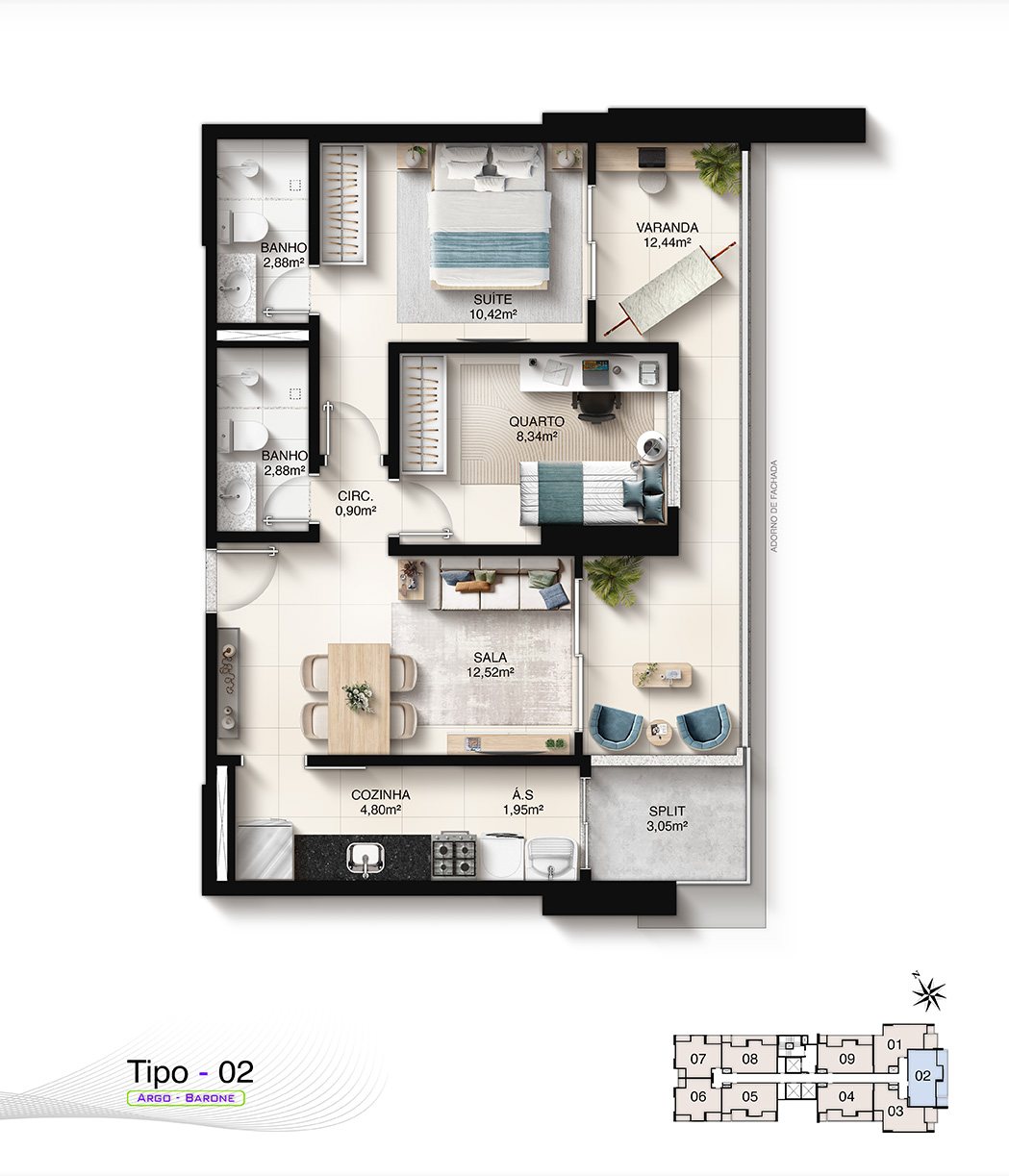 Planta Tipo 02 (2 Quartos com Suíte - 58,20 m²)