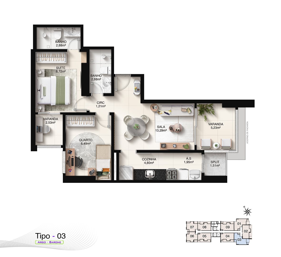 Planta Tipo 03 (2 Quartos com Suíte - 61,50 m²)