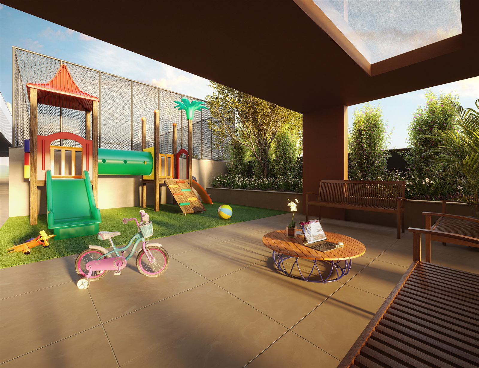 Playground infantil equipado com piso emborrachado de segurança