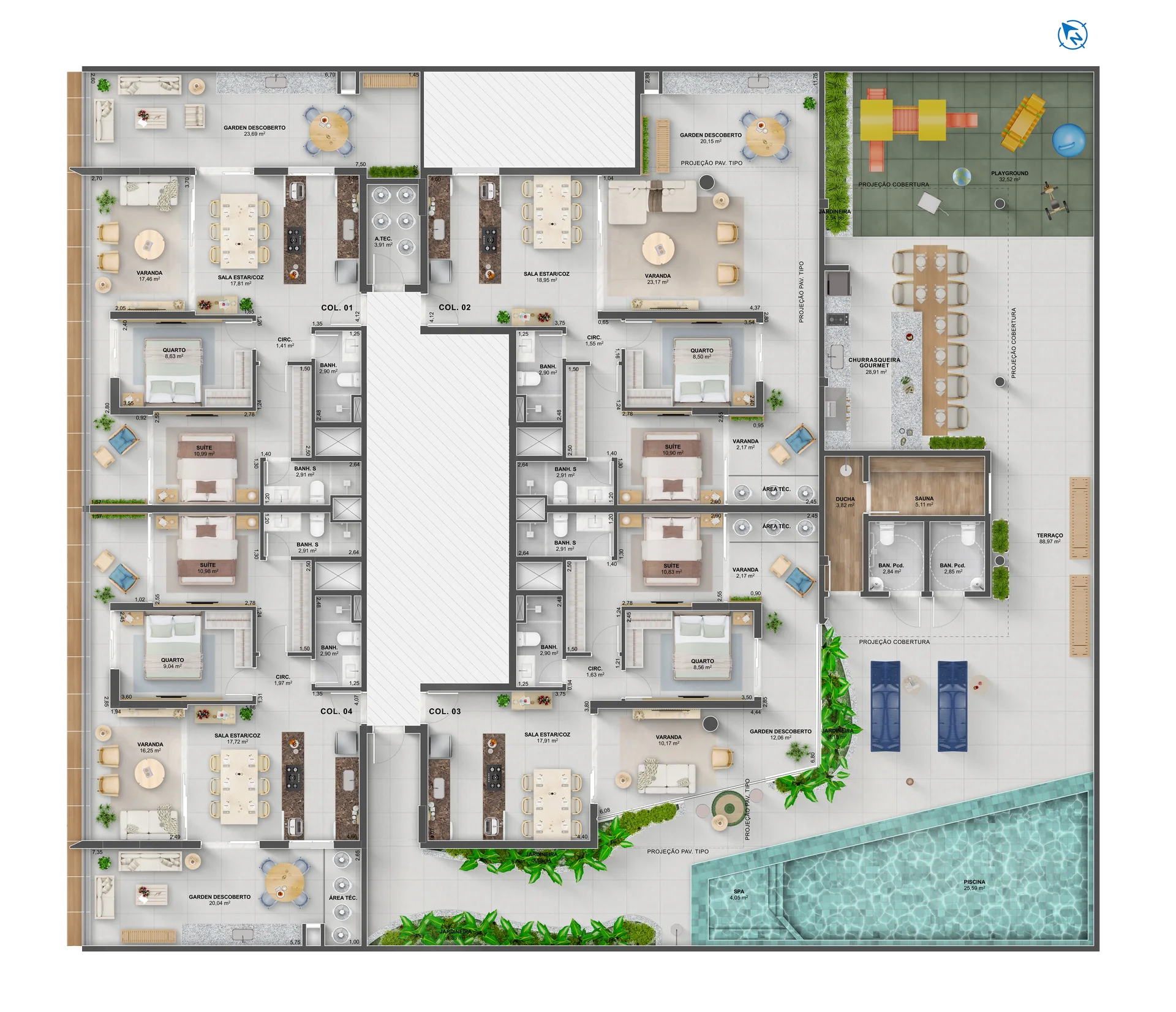 Implantação Geral do Pavimento Tipo (4 Apartamentos por Andar)